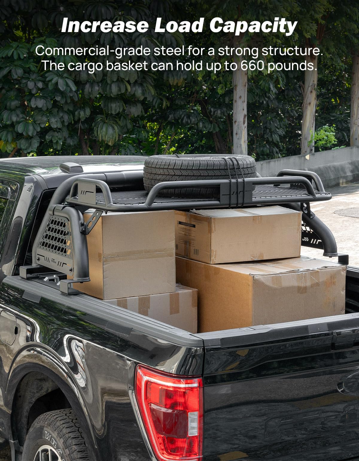 JOYTUTUS Roll Bar with Cargo Basket for Full-Size Trucks - Black Alloy Steel Compatible with F150, F250, Silverado, Ram