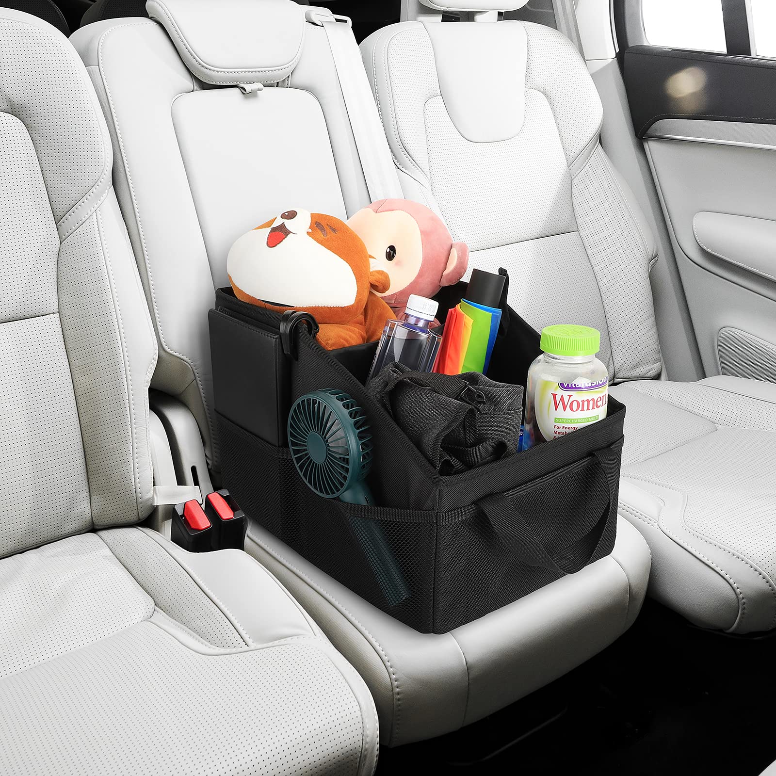 INFIVITA Car Organizer - Black Oxford Cloth Caddy with Dividers, Handles, and Mesh Pockets for Front and Back Seat or Floor