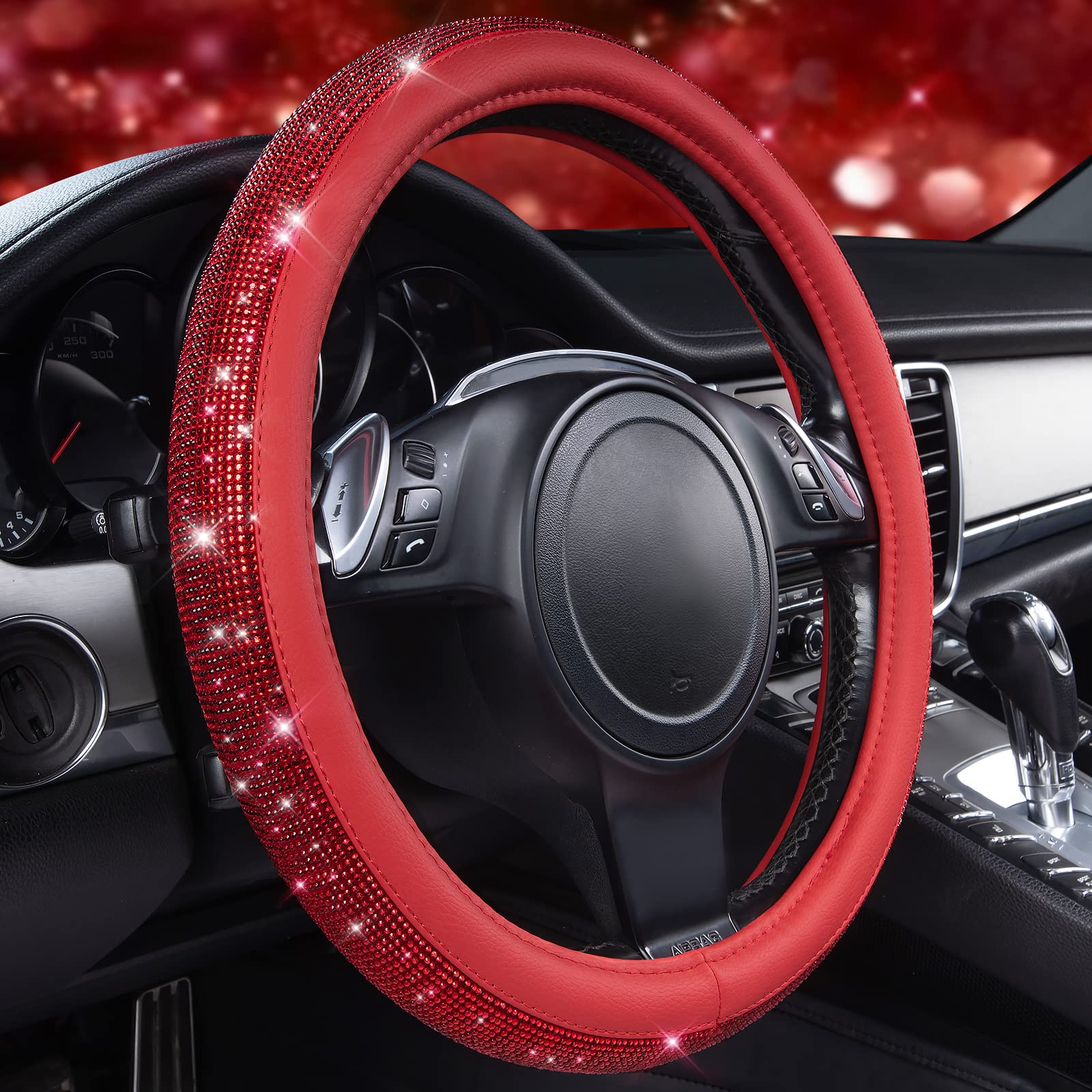 Car Pass Bling Diamond Leather Steering Wheel Cover, With Bling Sparkly Crystal Glitter Rhinestones Universal Fit 14 1/2-15 Car Wheel Protect For Women Girl Fit Suvs,Vans,Sedans,Cars,Trucks, Red