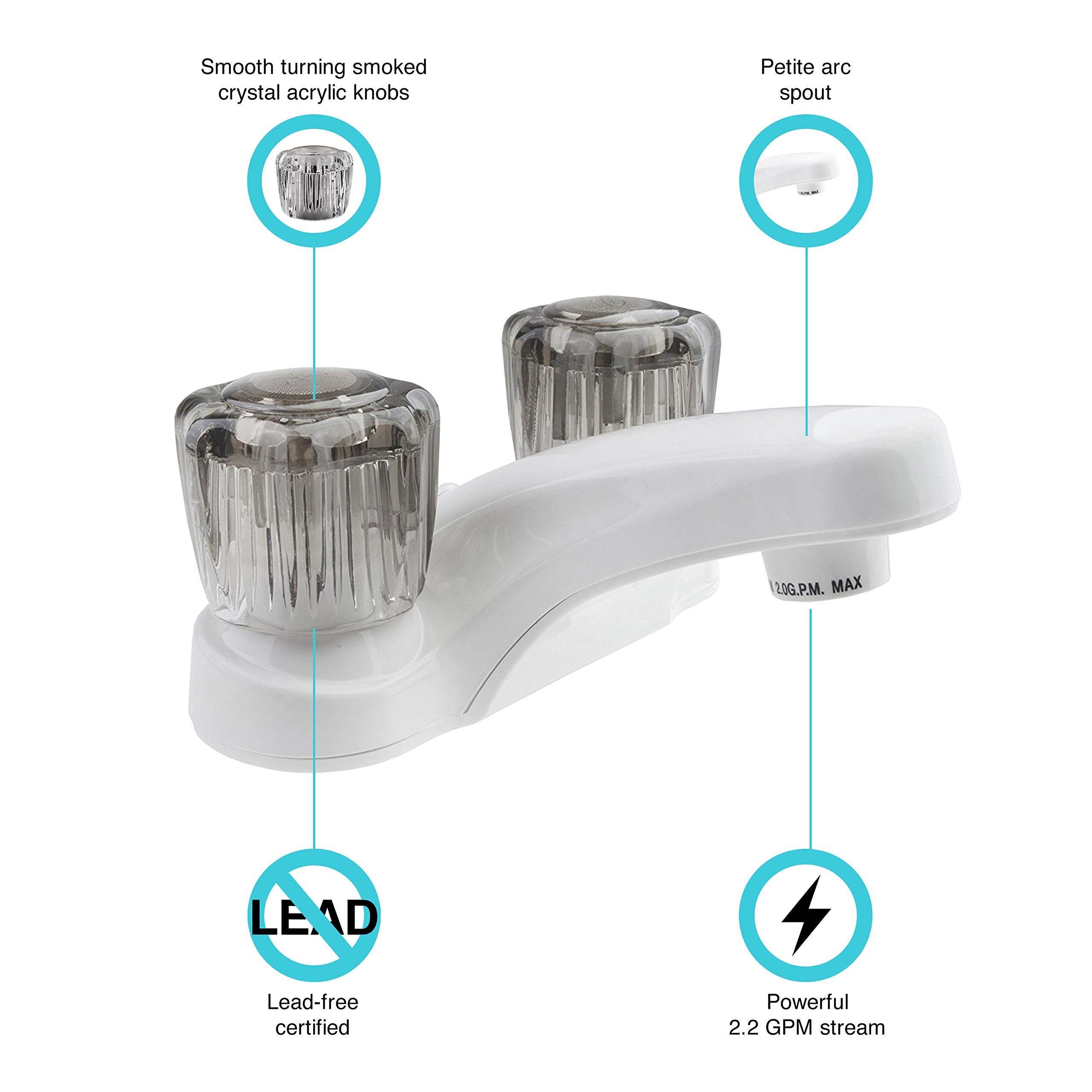 Dura Faucet Df-Pl700S-Wt Rv Bathroom Faucet With Smoked Acrylic Knobs (White)