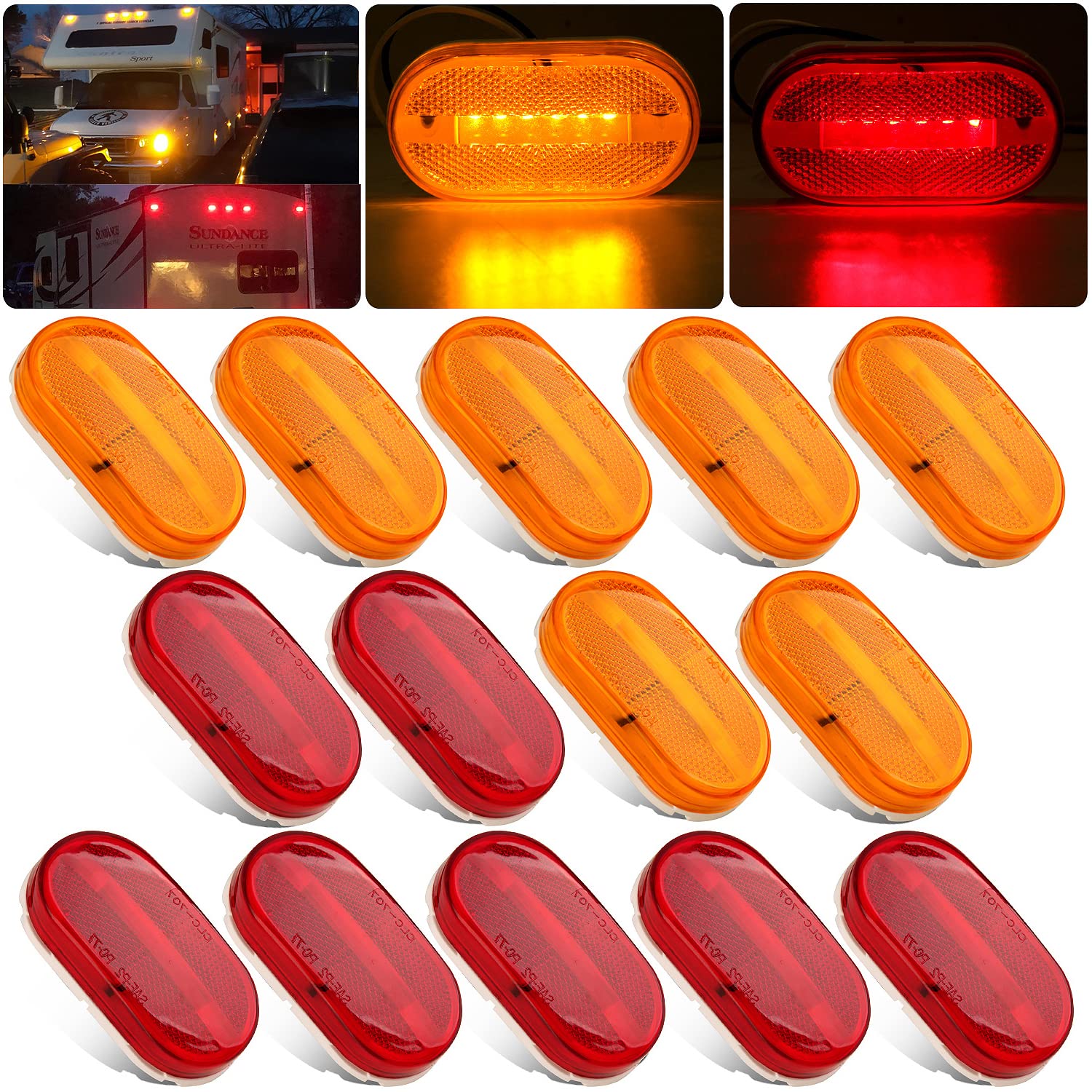 14Pcs 4 Inch Rectangle Led Trailer Marker Lights W/Reflex Lens, 2X4 Led Trailer Clearance Side Marker Lights 6 Led Surface Mount