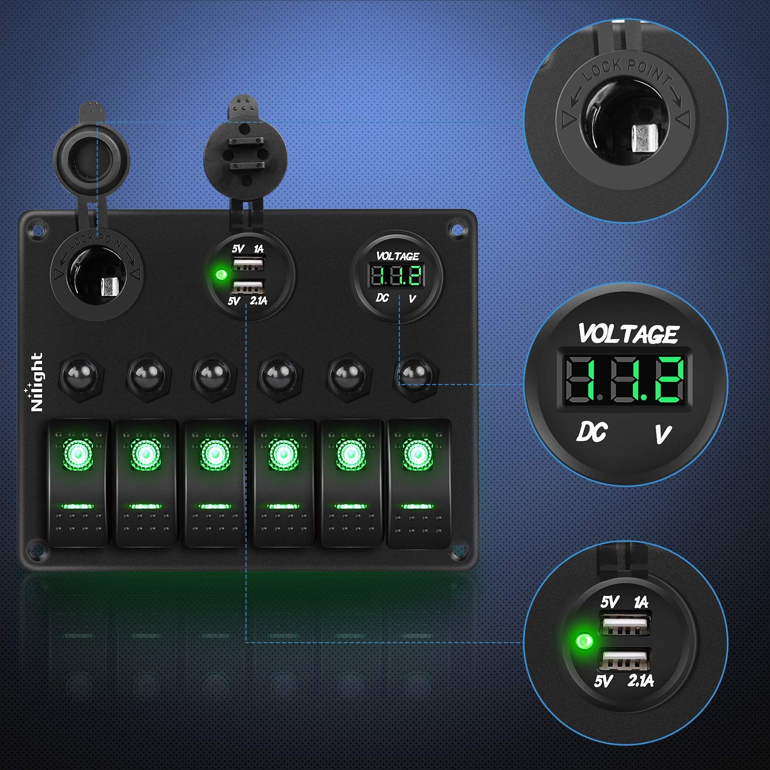 Nilight - 90123F 6 Gang On Off Rocker Switch Panel Green Backlit 12V24V Led Digital Voltmeter Dual Usb Charger Cigarette Lighter