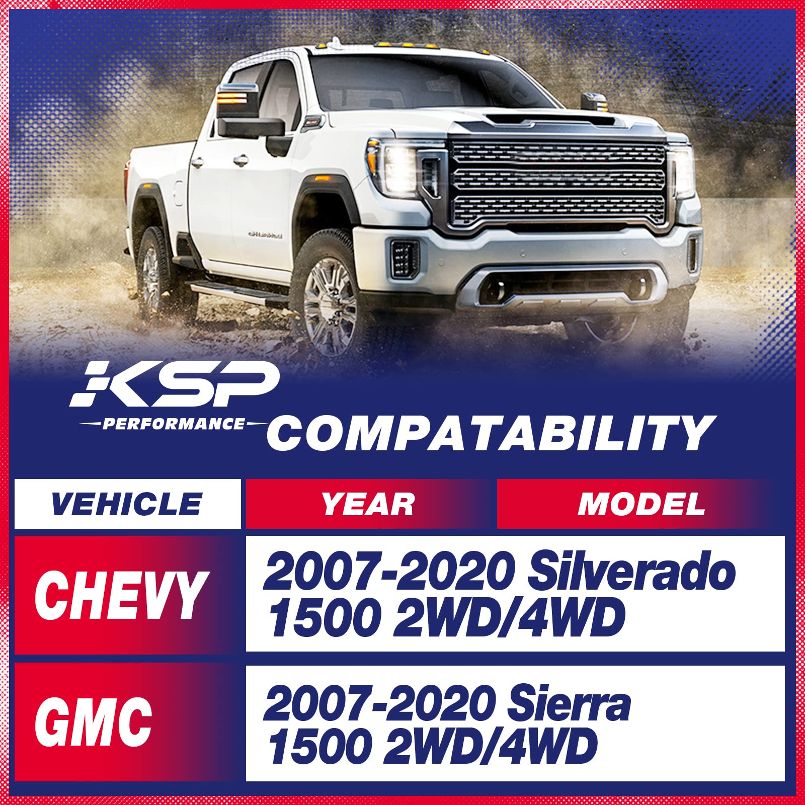 KSP PERFORMANCE Leveling Lift Kit for Chevy Silverado 1500 2007-2020, 3" Front & 2" Rear, Aluminum, Model 9K001A-3-
