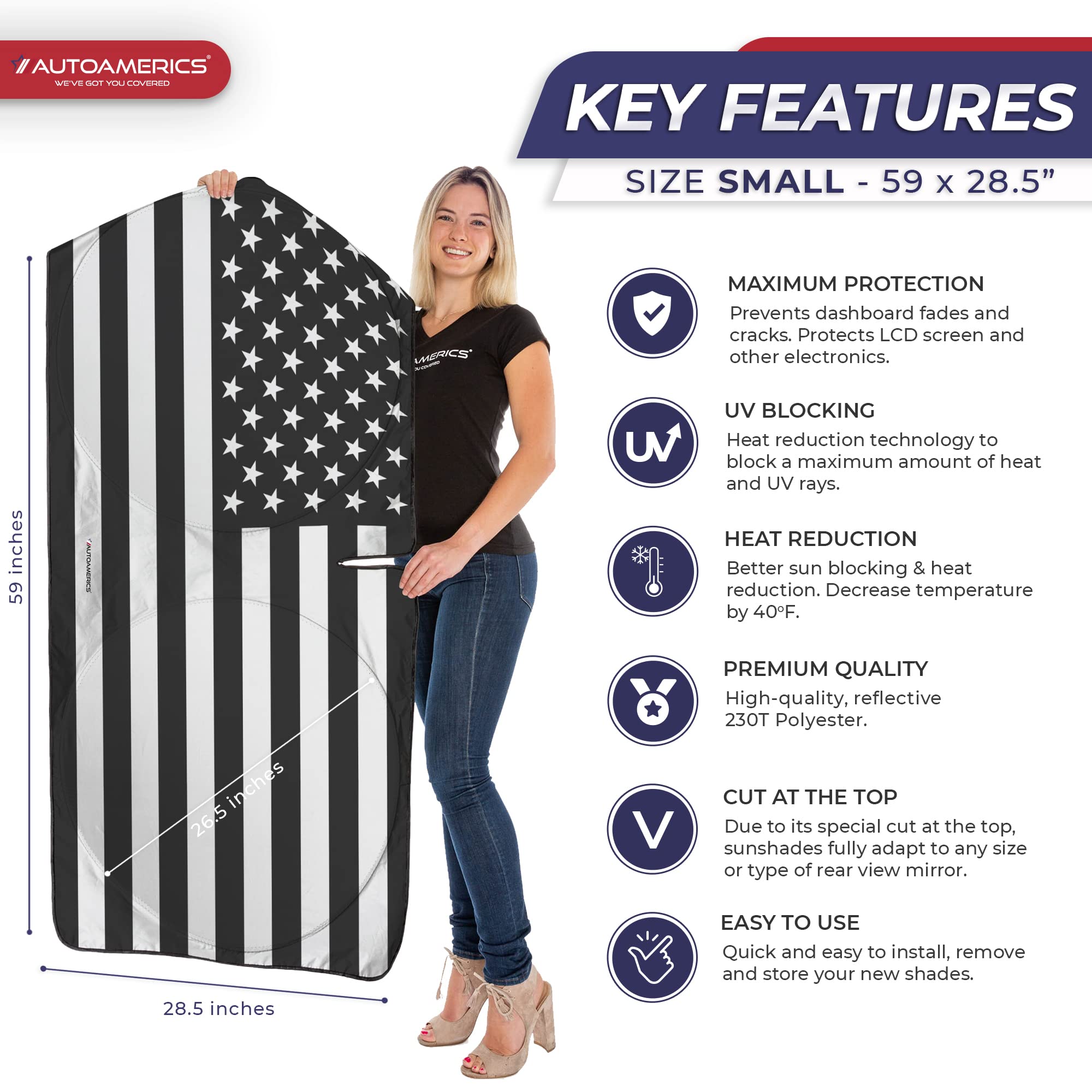 Autoamerics 1-Piece Windshield Sun Shade B&W American Flag Usa Patriotic Design - Foldable Car Front Window Sunshade For Most Se