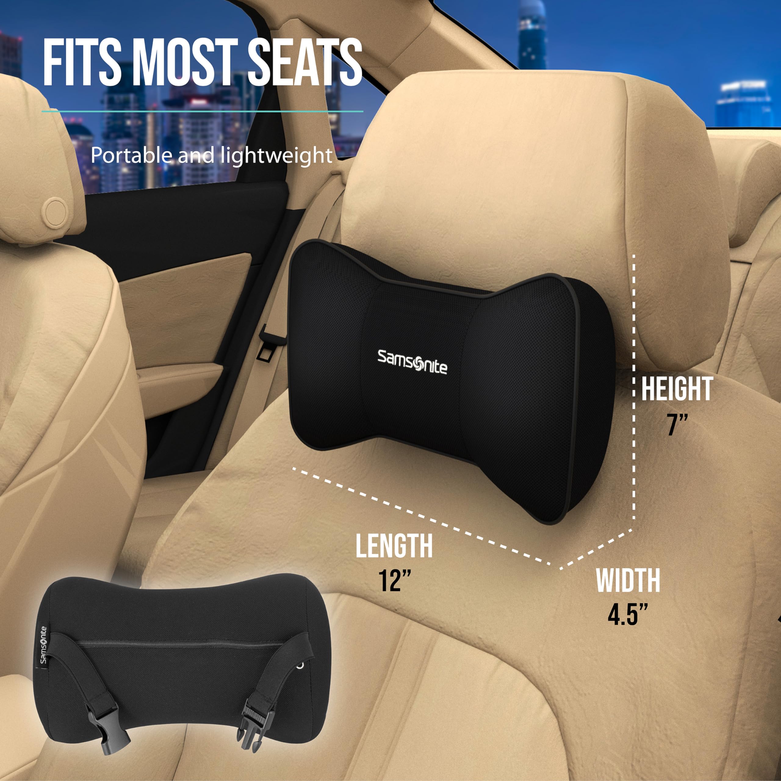SAMSONITE Travel Neck Pillow - Memory Foam Car Seat Headrest Cushion, Ergonomic Neck Support for Driving, Adjustable Strap, Comf