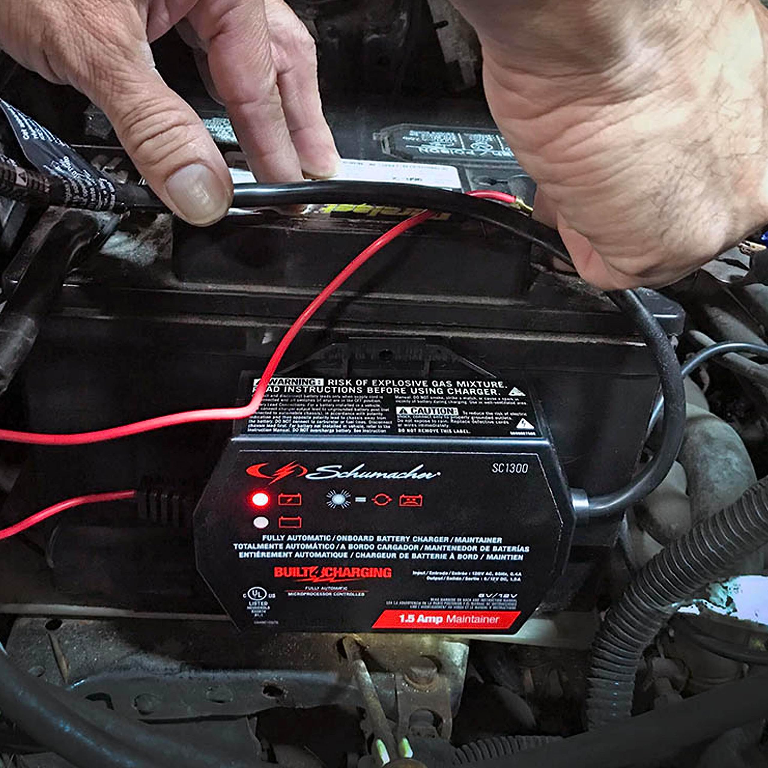 Schumacher SC1300 Fully Automatic 1.5A Battery Charger/Maintainer - 6V/12V for Cars, Motorcycles, Lawn Tractors - Black