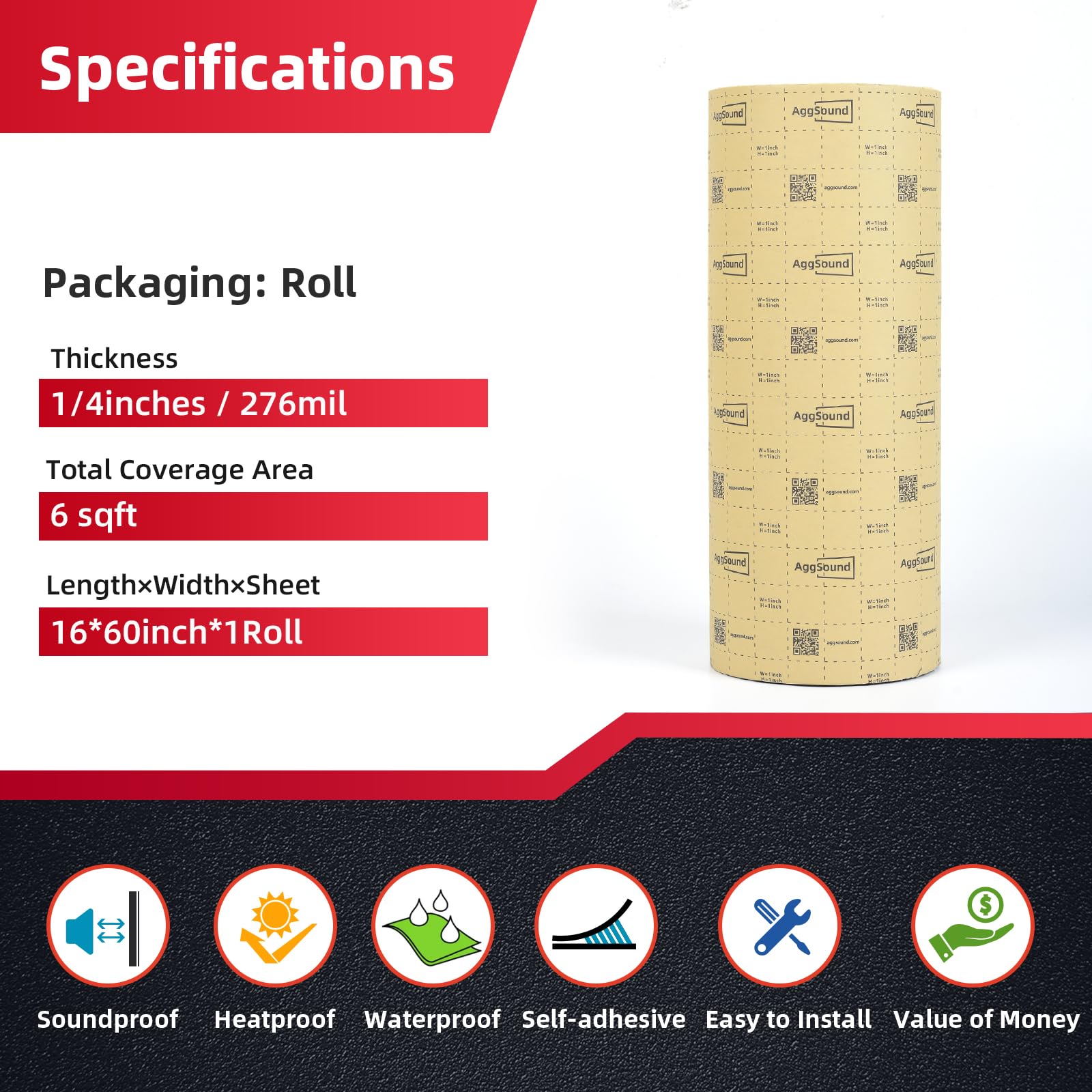 Aggsound 1/4Inch Thickened Sound Deadener For Multiple Use,High Density Aluminum Foil Foam With Adhesive,For Car, Boat, Rv Shiel