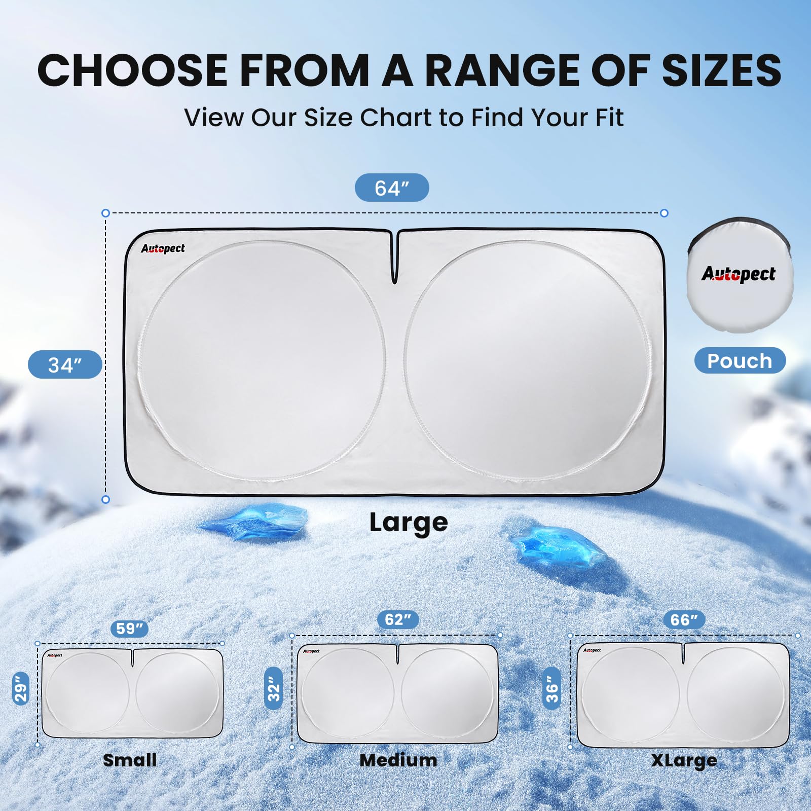 Autopect Car Windshield Sun Shade, Foldable Sun Blocker For Truck, Suv Automotive Interior Sun Protection, Reflective Car Shade For Front Windshield With Mirror Cut-Out Keeps Car Cool (Large)