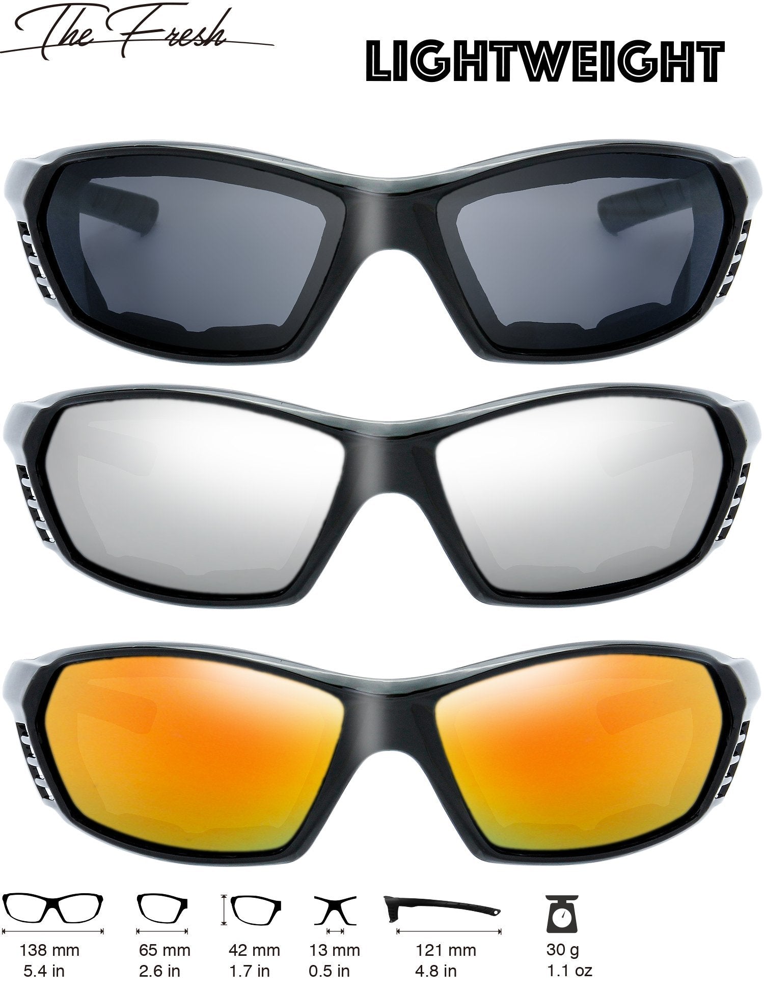 The Fresh 3 Pairs Motorcycle Riding Glasses Padded Frame Lens Block 100% UVB for Outdoor Activity Sport (11-Shiny Black, Grey, S