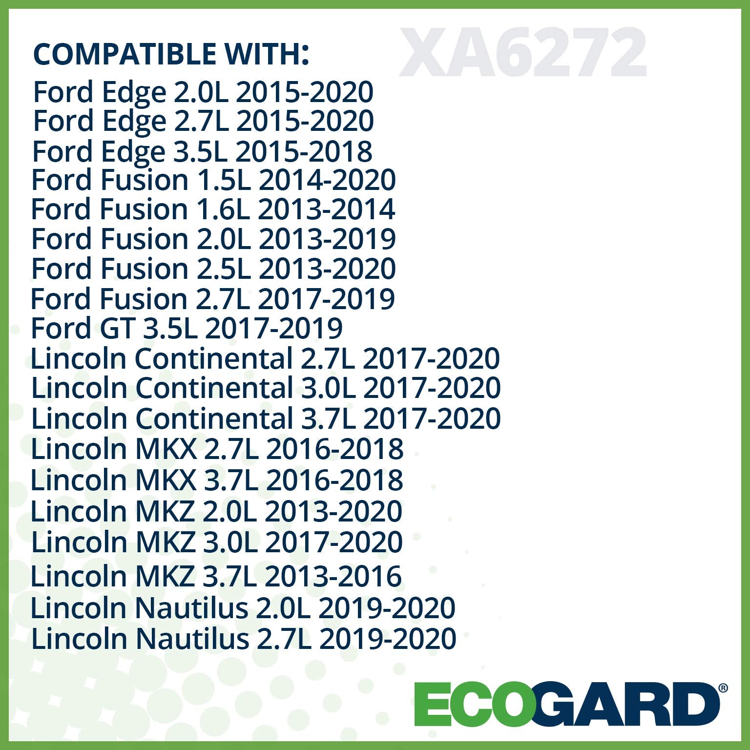 Ecogard Xa6272 Premium Engine Air Filter Fits Ford Fusion 2.5L 2013-2020, Edge 2.0L 2015-2021, Fusion 1.5L 2014-2020, Fusion 2.0