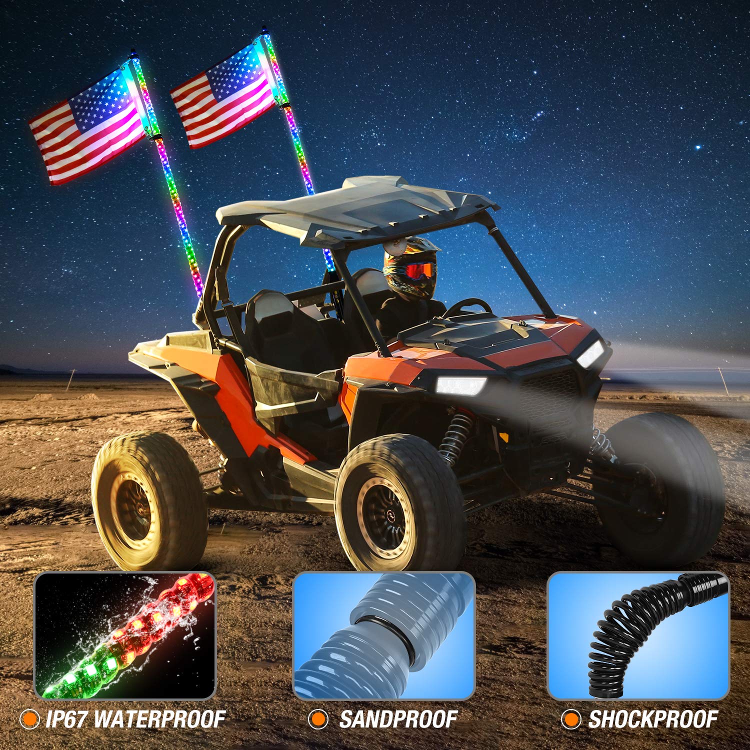 Nilight 2PCS 3FT Spiral RGB Led Whip Light with Spring Base Chasing Light RF Remote Control Lighted Antenna Whips for Can-Am ATV