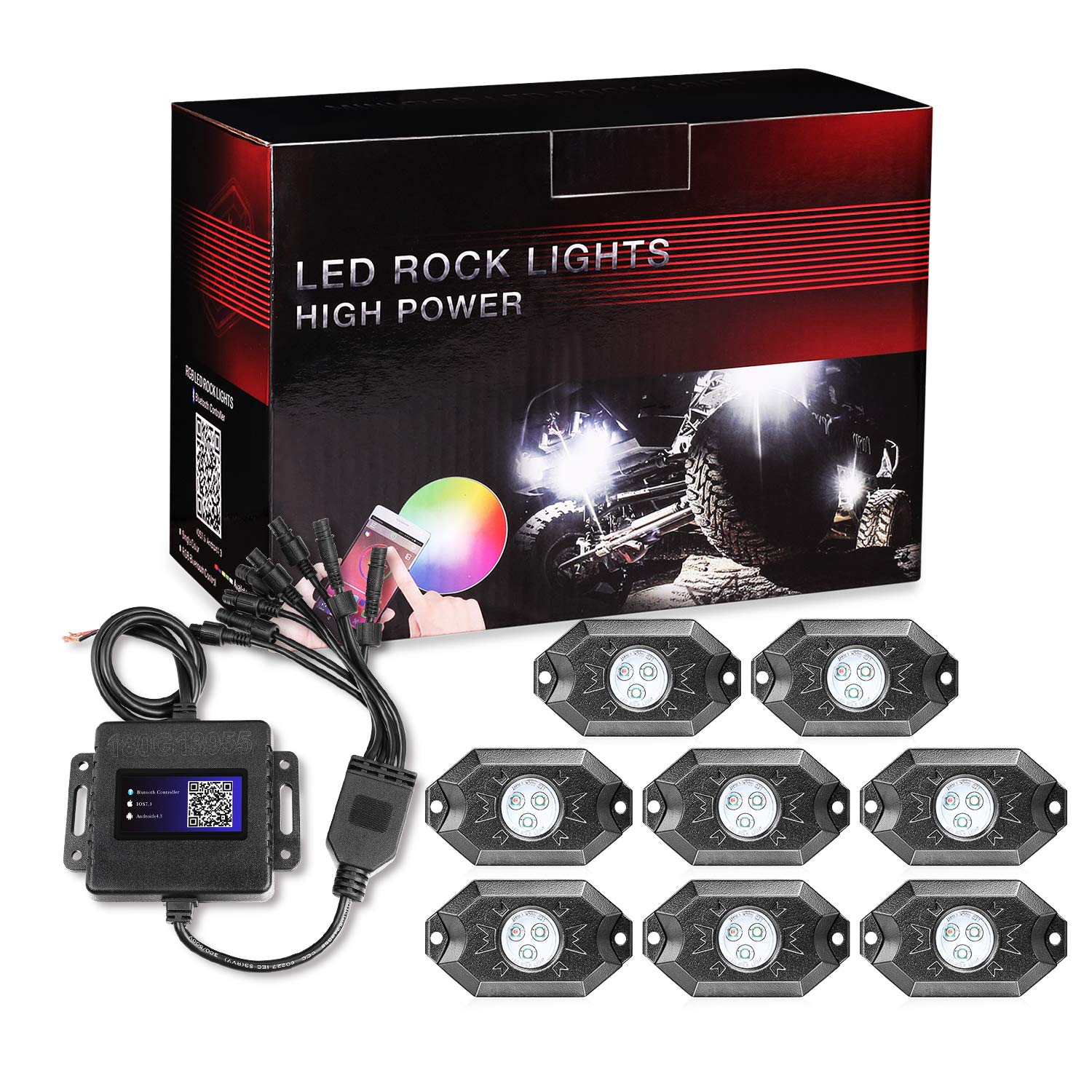 RGB Rock Light Kits, OFFROADTOWN RGB LED Rock Lights with 8 pods Lights Neon Trail Rig Lights Underglow Pickup Tundra Dodge GMC