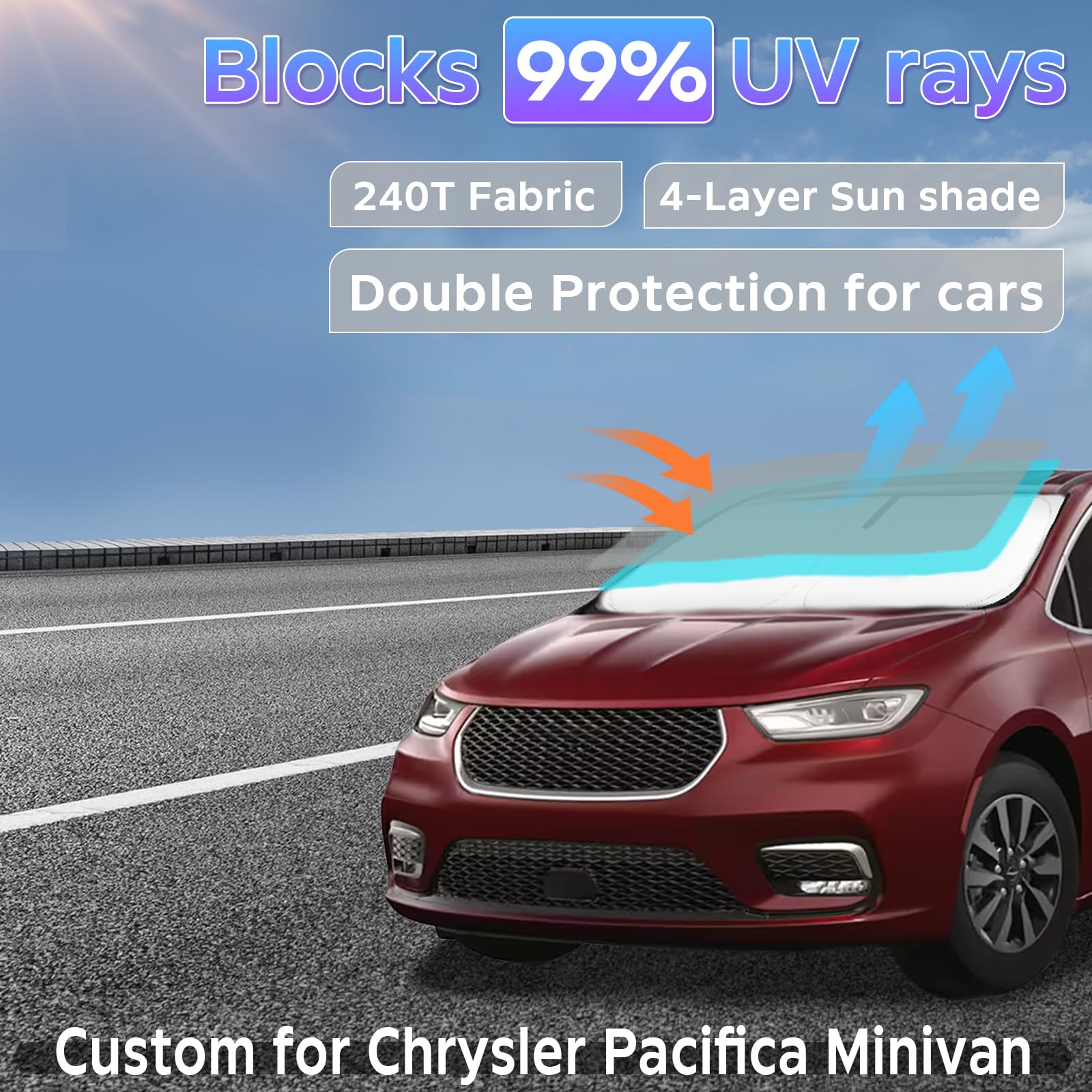 Sun Shade Sunshade For Chrysler Pacifica Minivan 2017-2024 2025 Windshield Cover, 2-Layers Sun Shield 240T Silver Coating Sun Vi