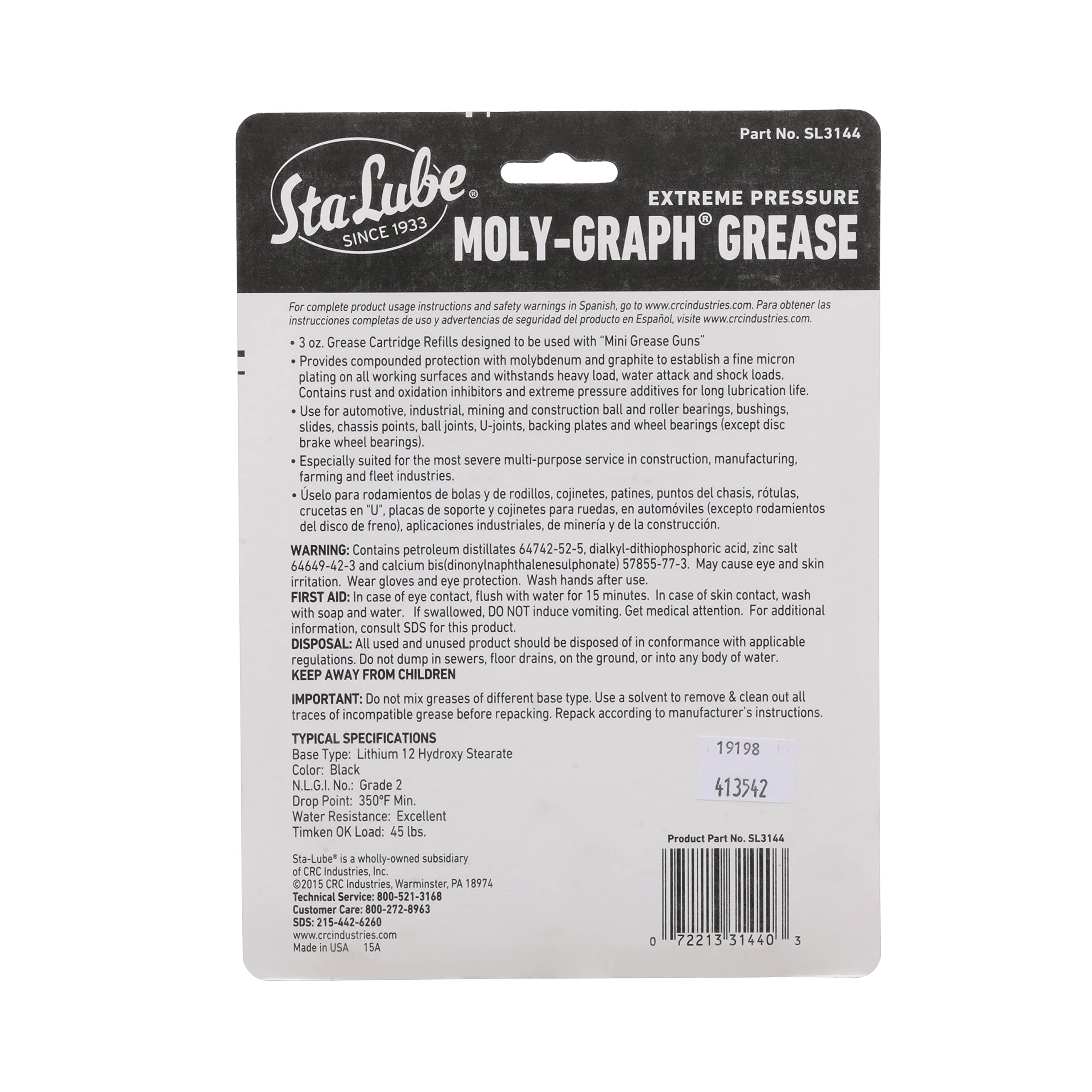 Sta-Lube Moly-Graph Grease SL3144 - Extreme Pressure, 3 Oz Cartridge, Molybdenum & Graphite, Multi-Purpose, Pack of 3