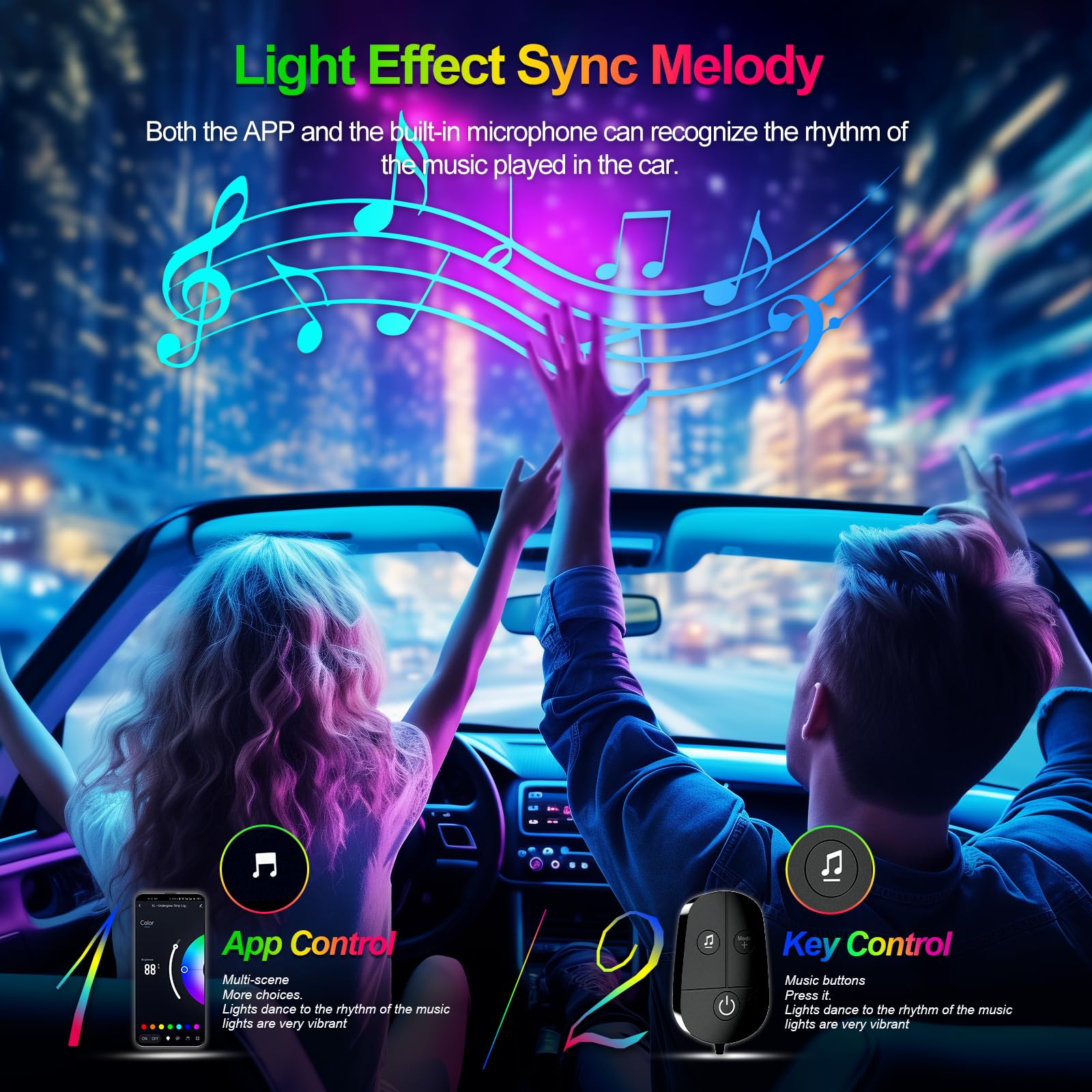 Yilaie Car Lights Interior, Smart Interior Car Lights With App Control, Under Dash Footwell Neon Internal Lighting Kit Multicolo