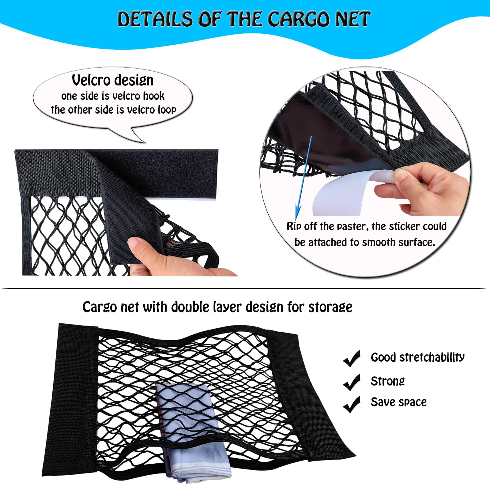 Xiwumoer 4Pack Automotive Cargo Net Car Storage Net Wall Sticker Organizer Pouch Bag Elastic Mesh Net With Tape Stickers For Tru