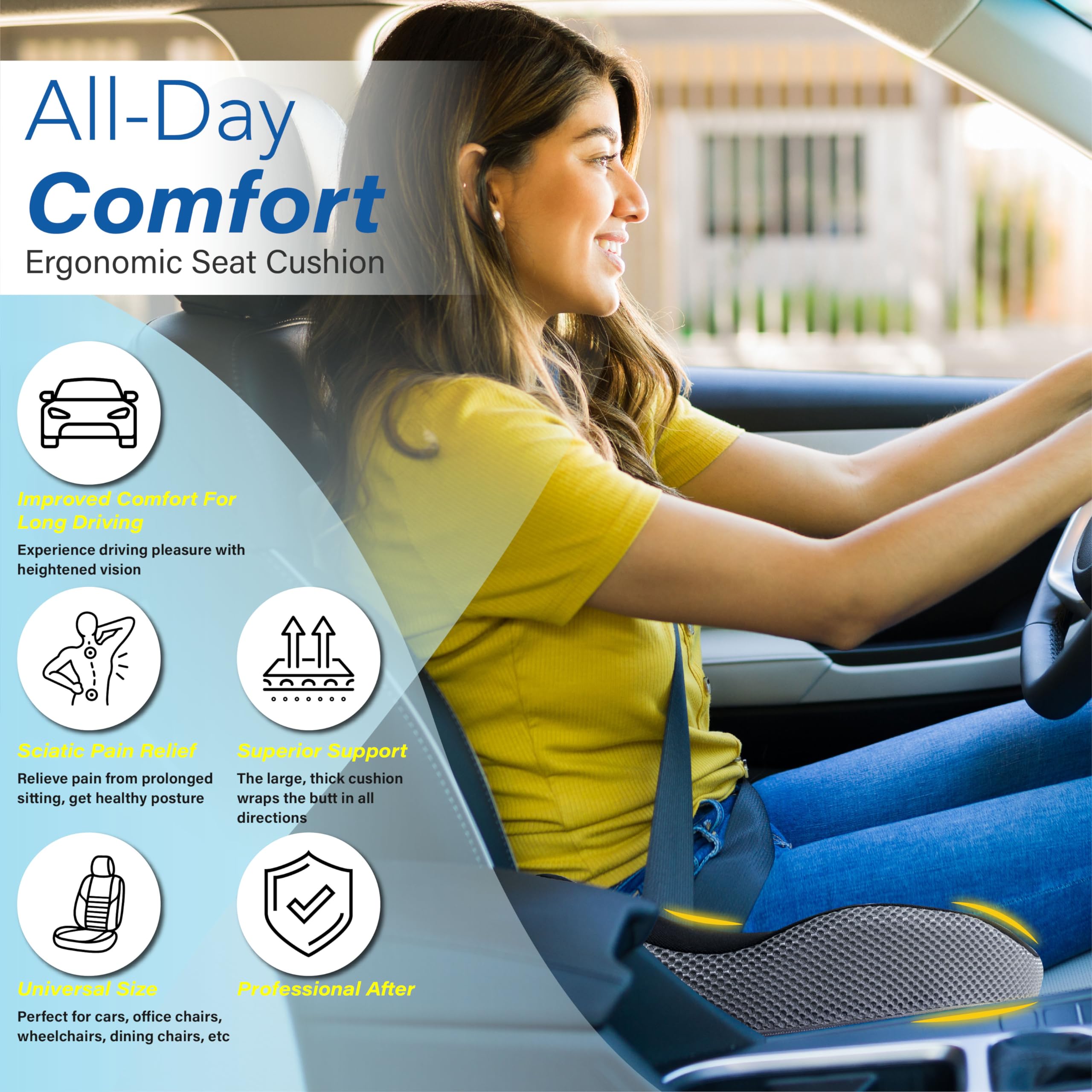 Car Seat Cushion, Ergonomic Memory Foam Car Cushion for Sciatica Pain Relief, Larger Driving Seat Cushion for Short Drivers on L