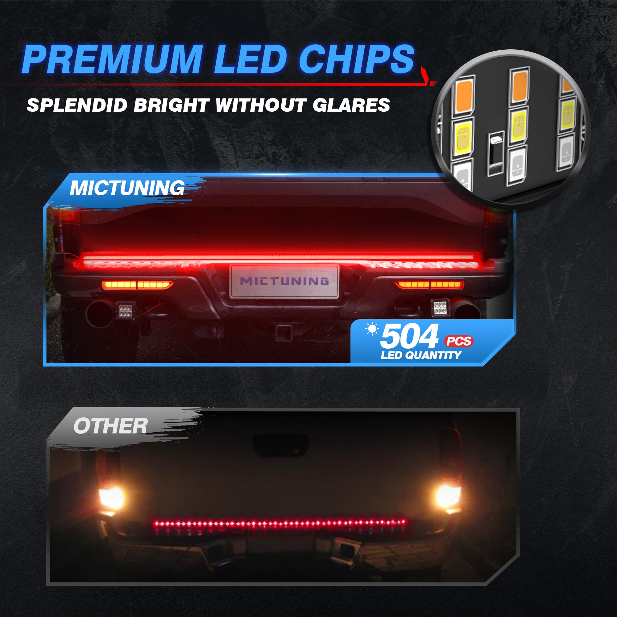 MICTUNING 60" Triple 504 LEDs Tailgate Strip Light, Waterproof, 4-Way Connector, Amber Turn Signal, Red Brake, White Reverse