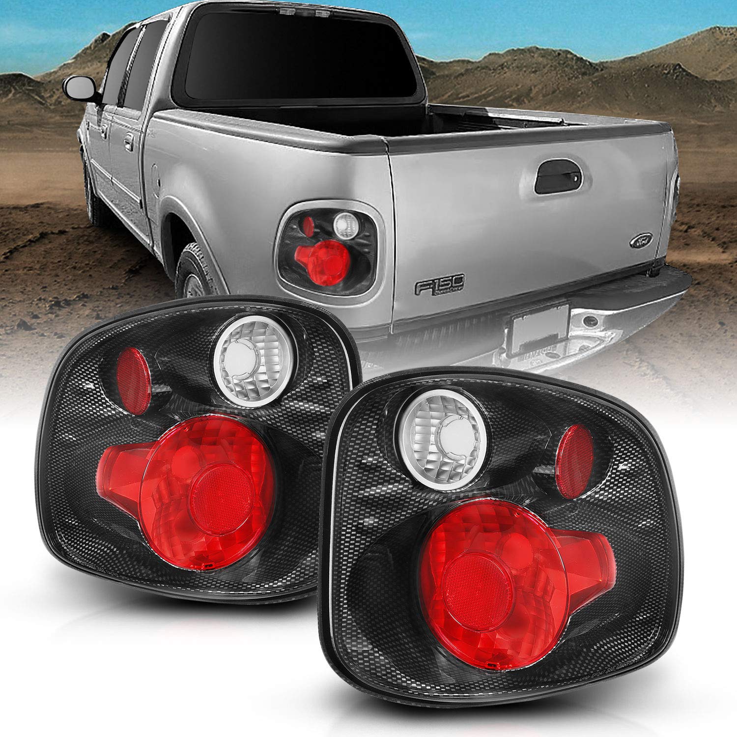 Amerilite For 2001-2003 Ford F-150 Flareside Euro Carbon Fiber Replacement Tail Lights Brake Lamp Pair - Passenger And Driver Si