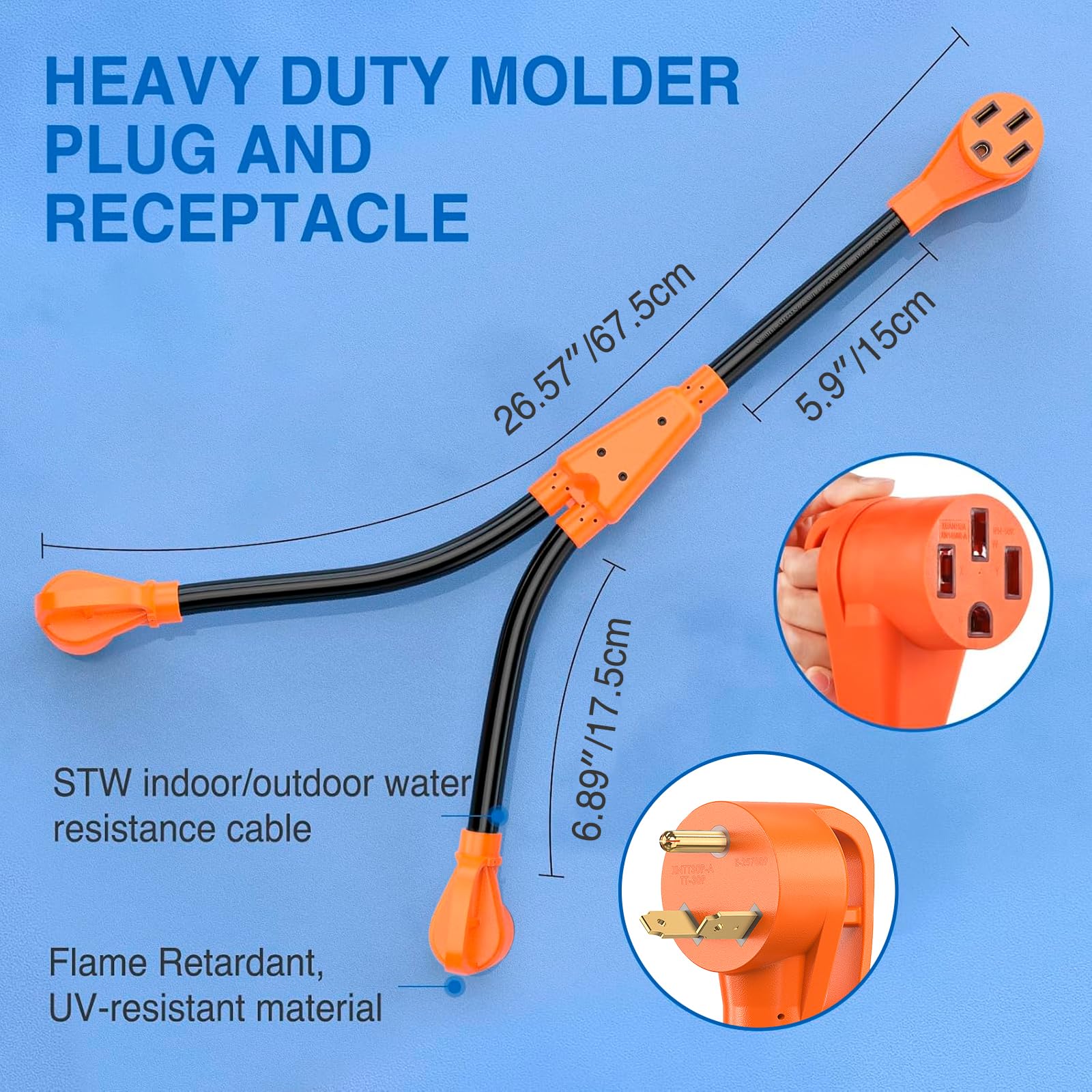 Nilight RV Y Splitter Adapter Cord 30 Amp to 50 Amp, Heavy Duty Waterproof Metal, Model 50436RV, 30M/50F Y Splitter for RV Camper Trailer