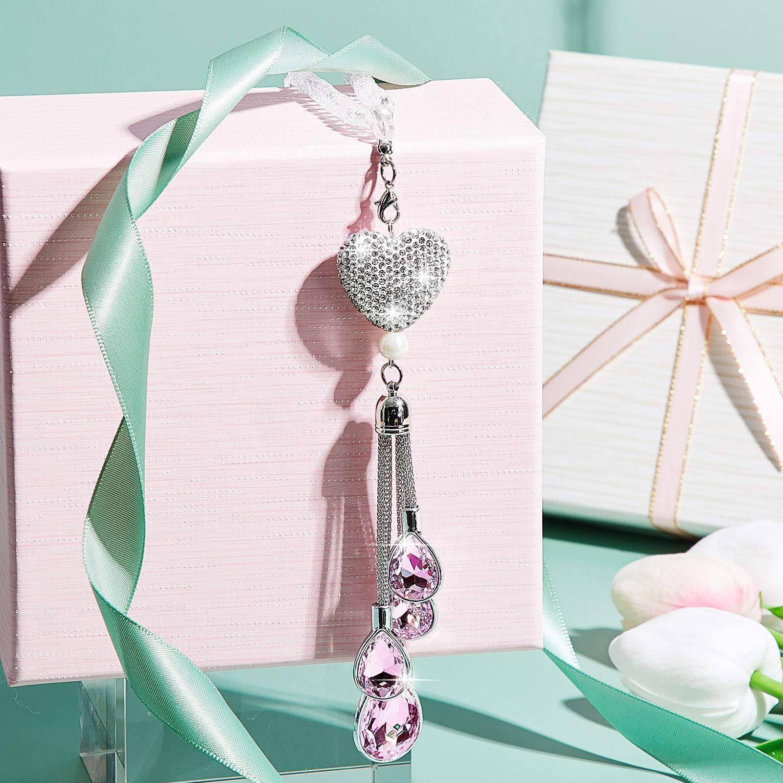 Frienda Bling Heart Diamond Car Charms Car Accessories for Women, Crystal Car Rear View Mirror Charms Car Decoration Lucky Hangi