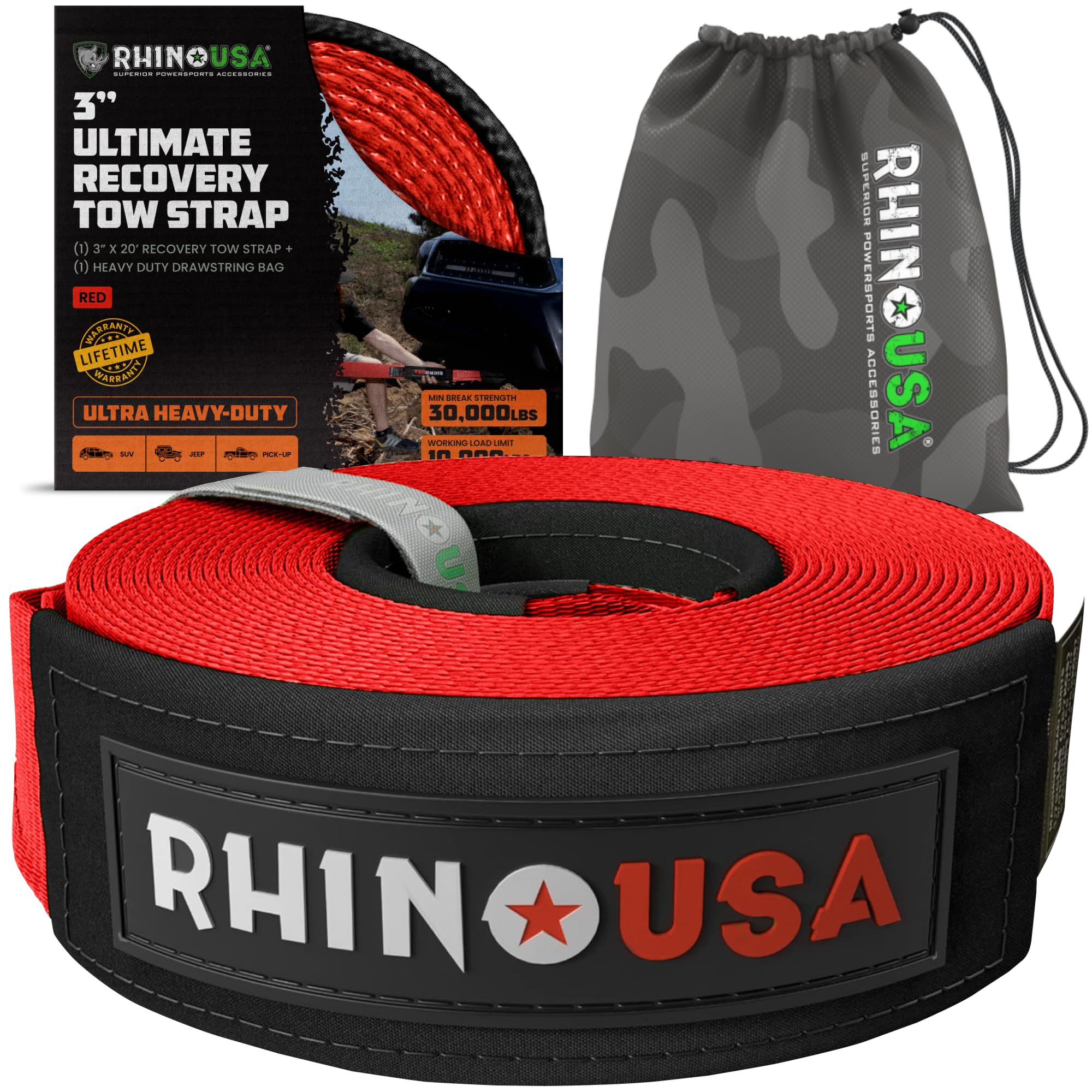 Rhino Usa Recovery Tow Strap (3''X20') - 31,518Lb Break Strength- Emergency Recovery Strap Tow Rope For Truck, Utv, Atv & More -