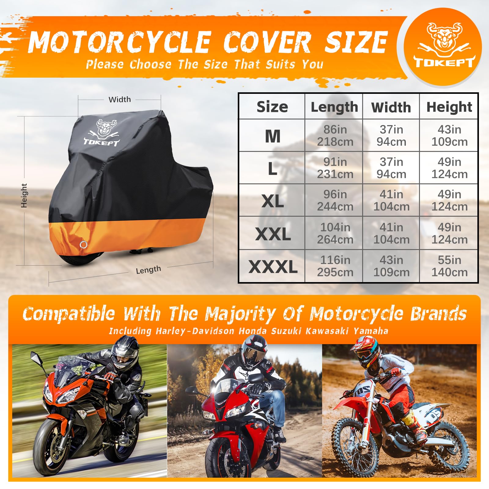 Tokept Motorcycle Cover, All-Season Waterproof Outdoor Sun Protection Fit Up To 86 Inch Harley-Davidson Honda Suzuki Kawasaki Ya