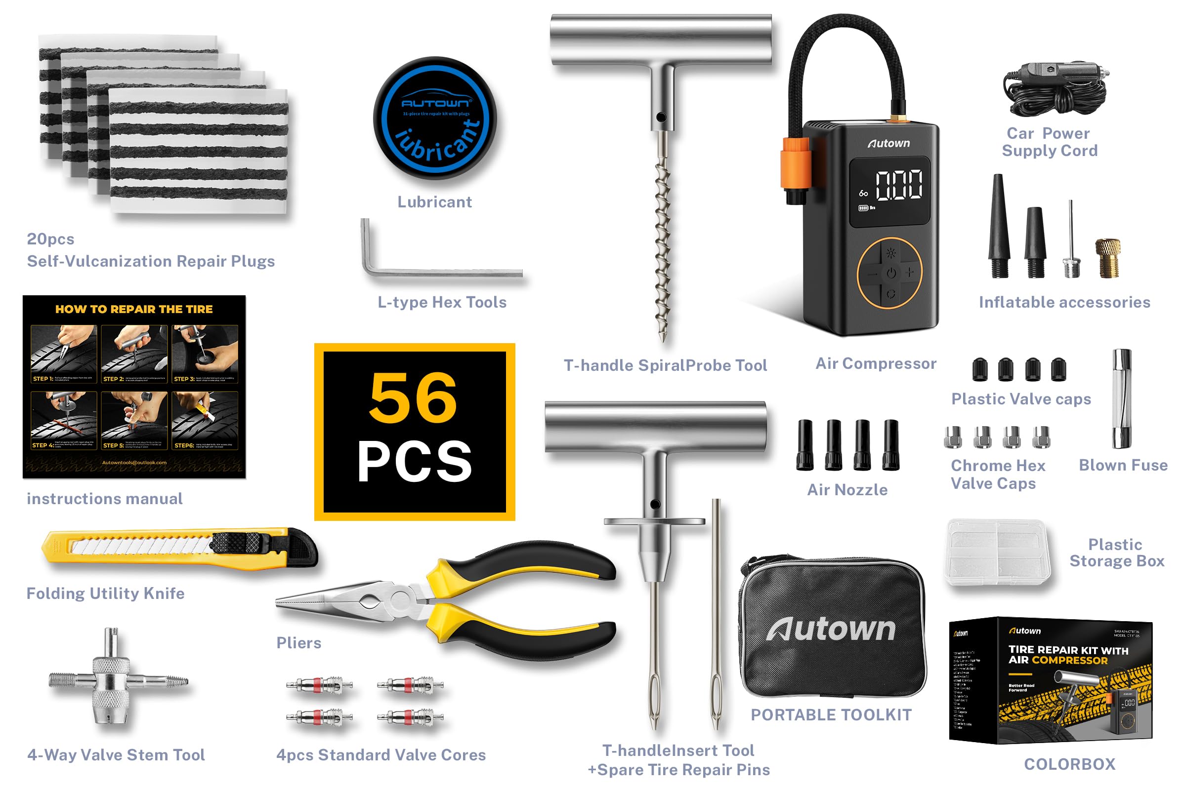 AUTOWN Flat Tire Repair Kit with Air Compressor, 54 Pieces for Car, Motorcycle, ATV, Jeep, Truck - Black, Model CTRT35
