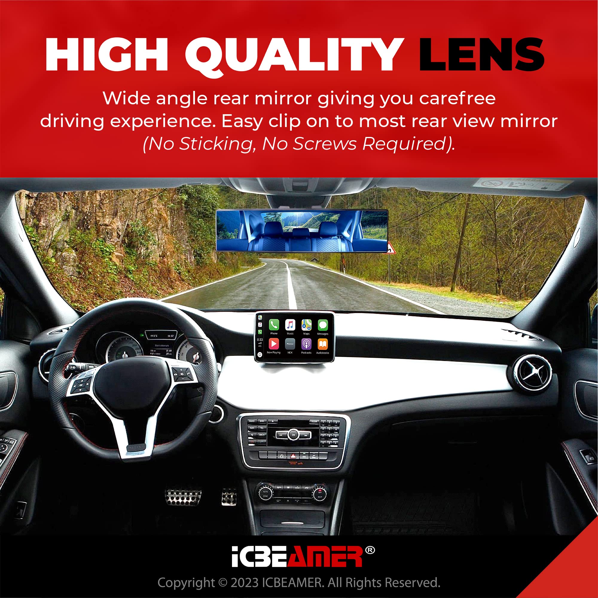 Icbeamer 11.8 Inch Car Rearview Mirror, Panoramic Wide Angle, Hd Blue Tint Glass, Interior Clip On Flat, Anti Glare, Automotive