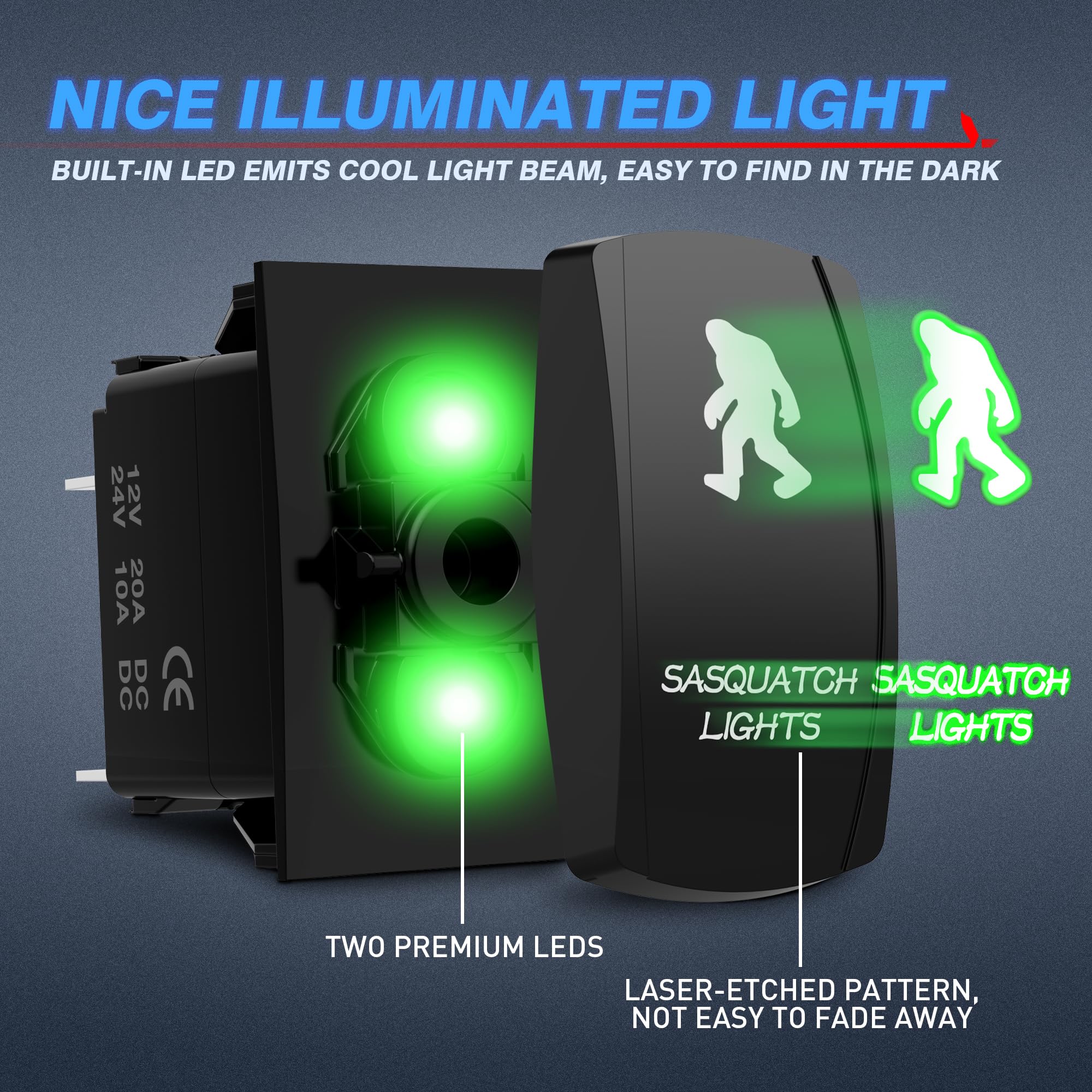 MICTUNING 5pin BIGFOOT Rocker Switch ON-OFF LED Light, 20A 12V, Green, Model LS08303