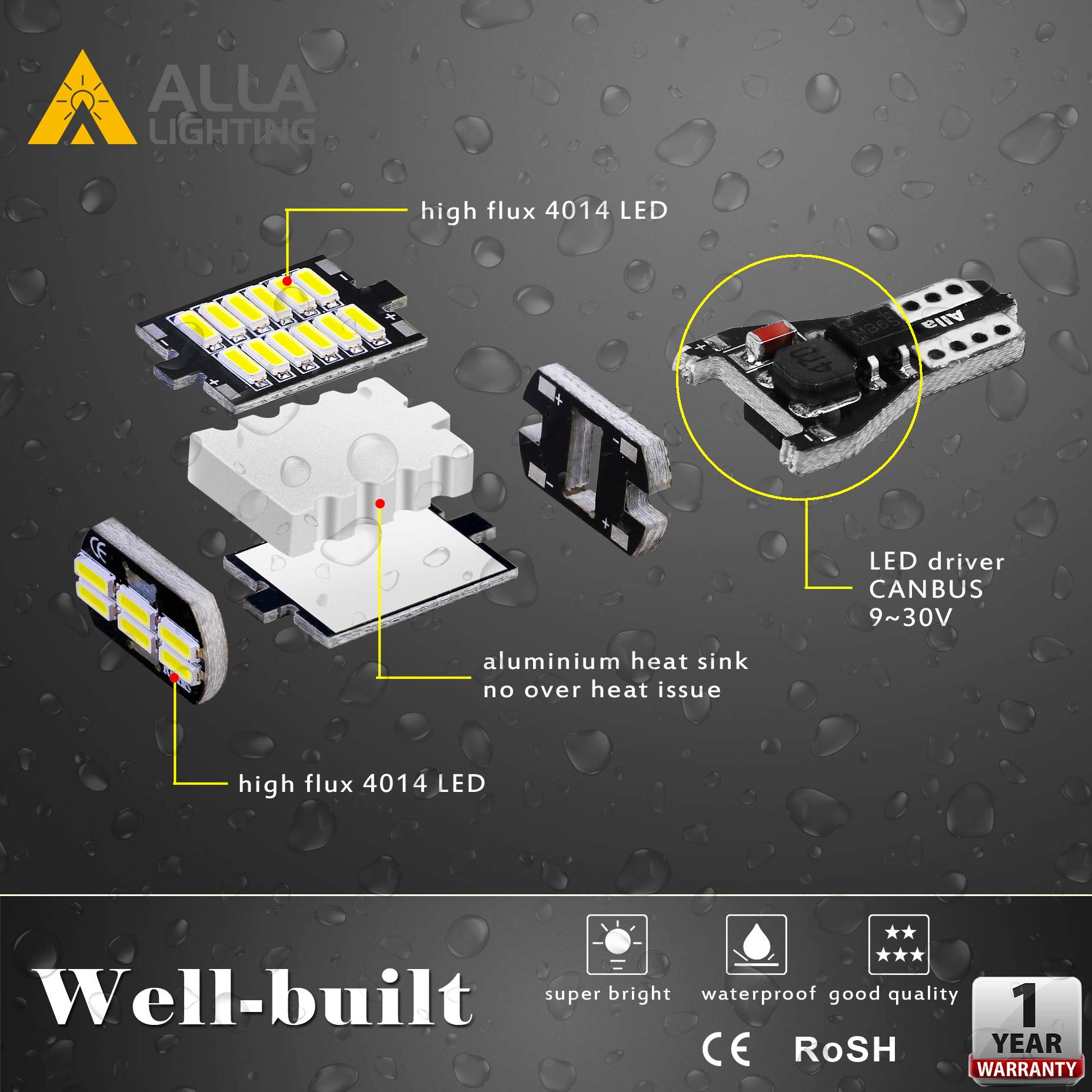 Alla Lighting 912 921 Led Bulbs For Back-Up Reverse Lights, 6000K Xenon White Can-Bus 4014 30-Smd T10 T15 906 W16W 921K 922, 360