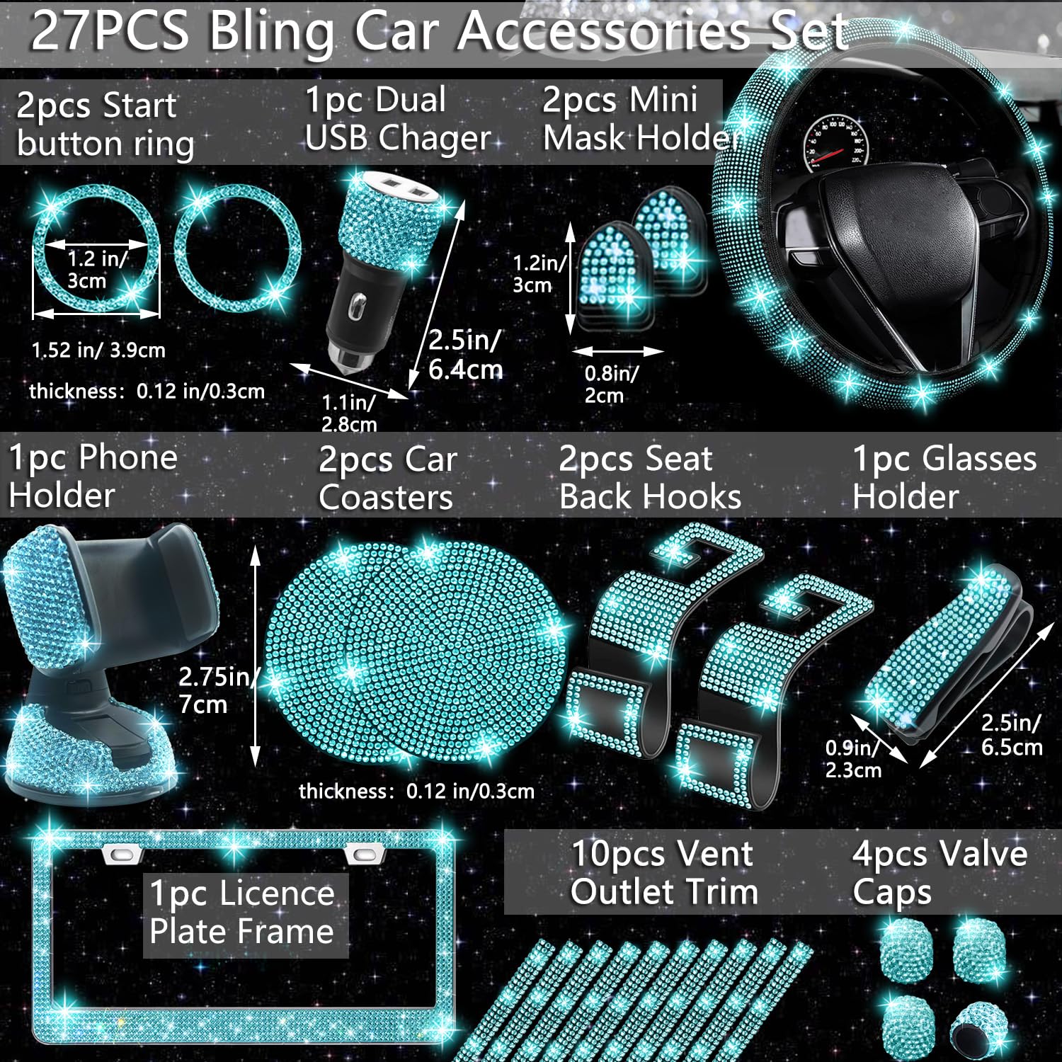 NBTEPEM 27 PCs Aquamarine Bling Car Accessories Set, Universal 15" Steering Wheel Cover, Silicone, Includes License Plate Frame & Phone Holder
