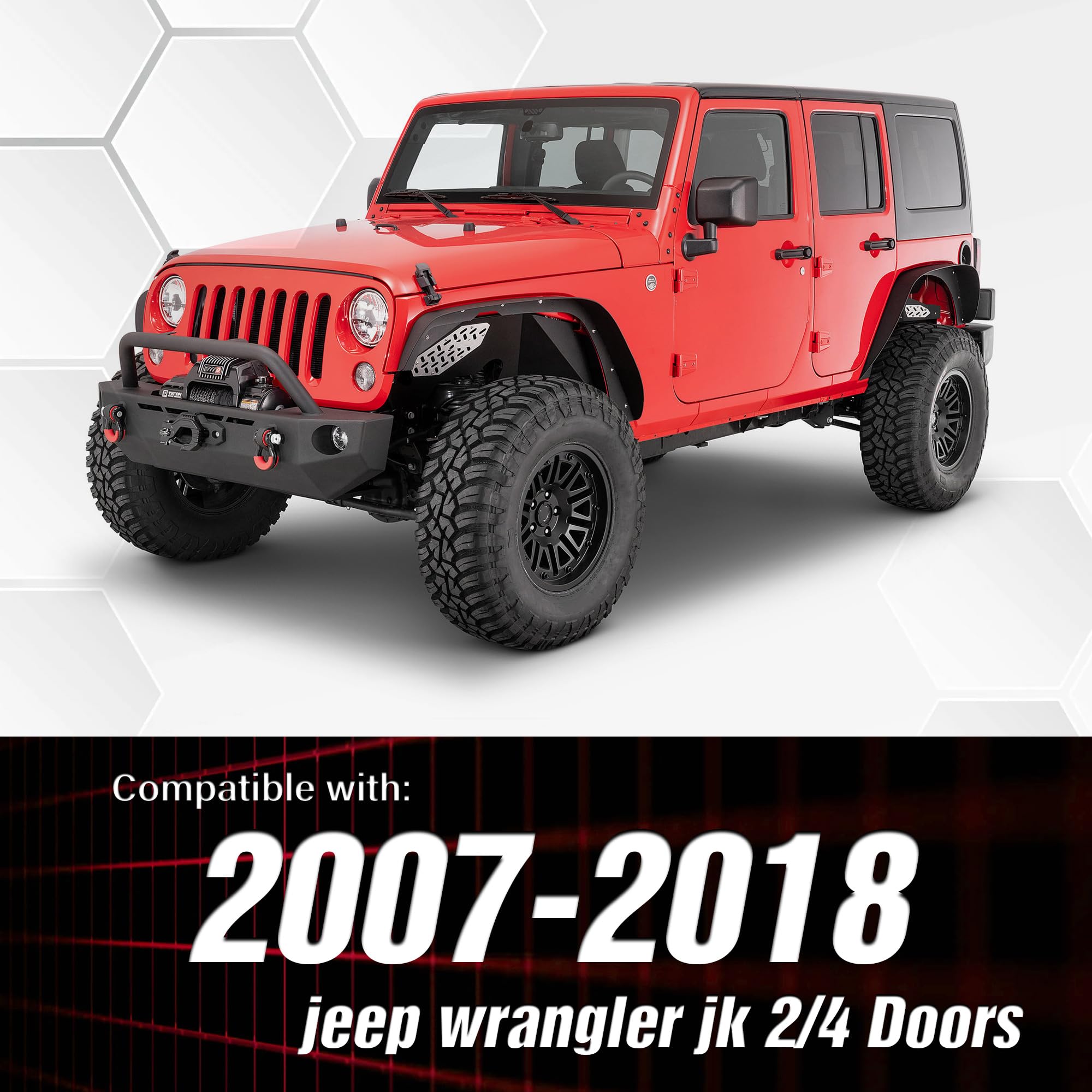 YZONA JK Fender Flares Kit, 4-Piece Heavy Duty Steel, Textured Black, Compatible with 2007-2018 Jeep Wrangler JK JKU, Large Size