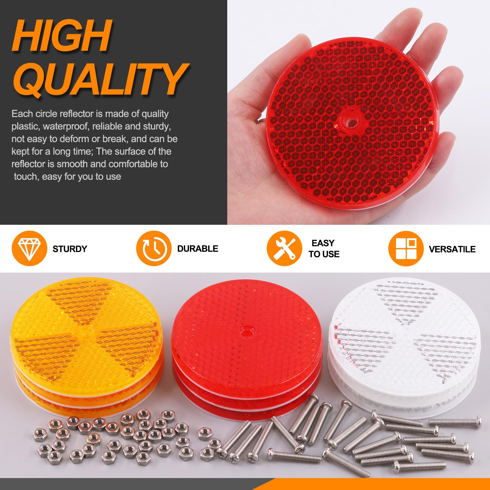 Rustark 12Pcs Red Front Reflector Round Reflector with 24Pcs 304 Mounting Bolts and Nuts Plastic Reflective Waterproof Safety Wa