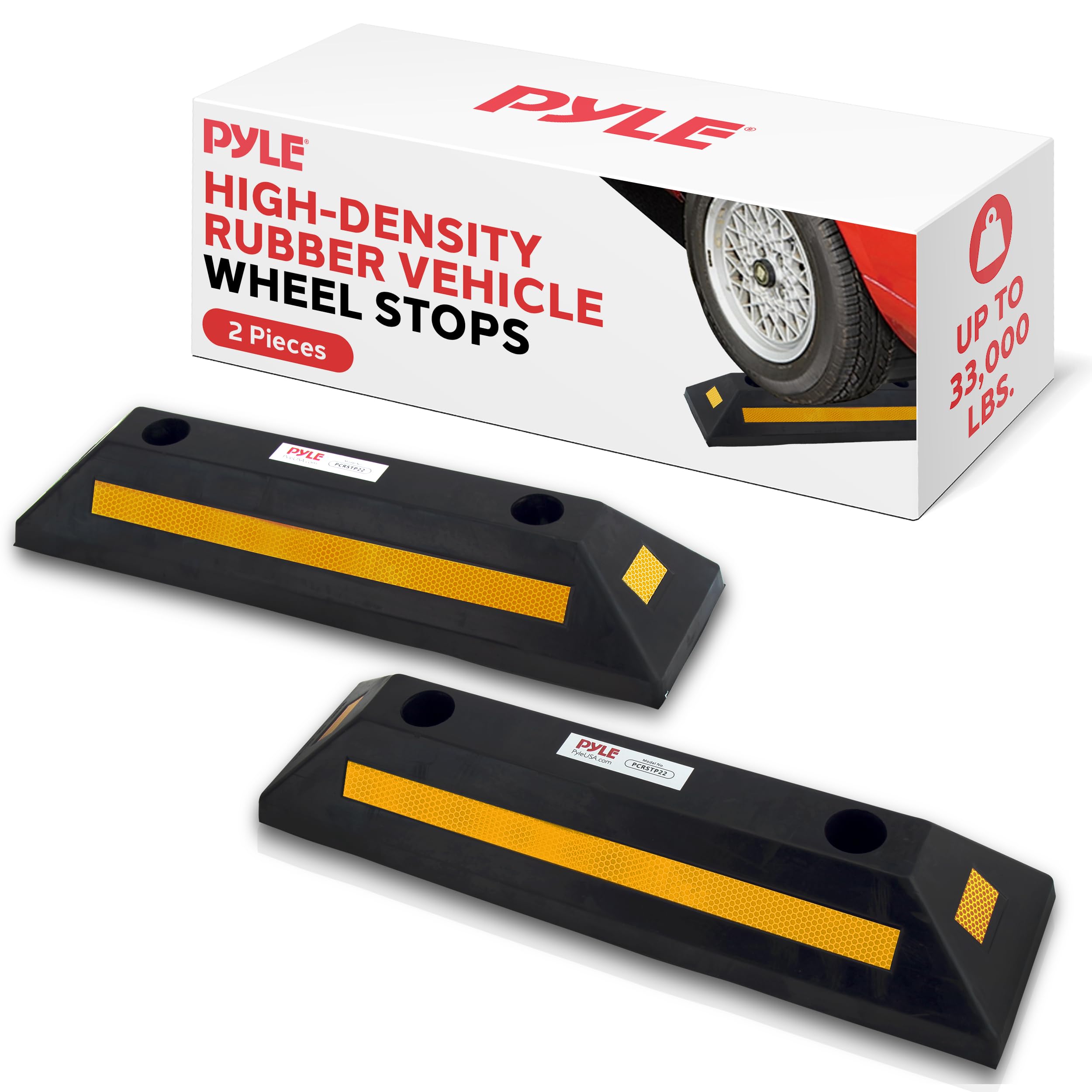 Pyle Garage Floor Stops For Vehicles - 2Pc Heavy Duty Rubber Vehicle Parking Lot Target Stoppers, Truck Curb Tire Wheel Guide Bl