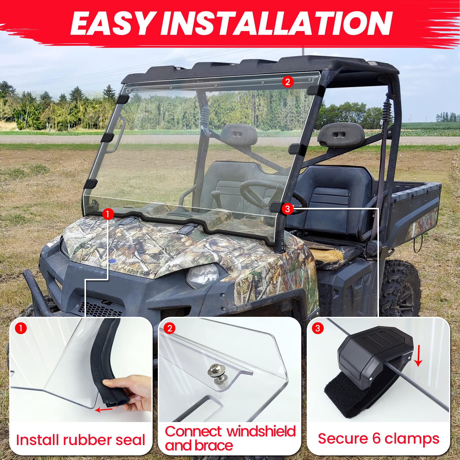 StarknightMT Windshield for Polaris Ranger 800, UV-Proof, Scratch-Resistant, Clear Polycarbonate, Fits 2010-2016 Ranger XP 800/Crew/6x