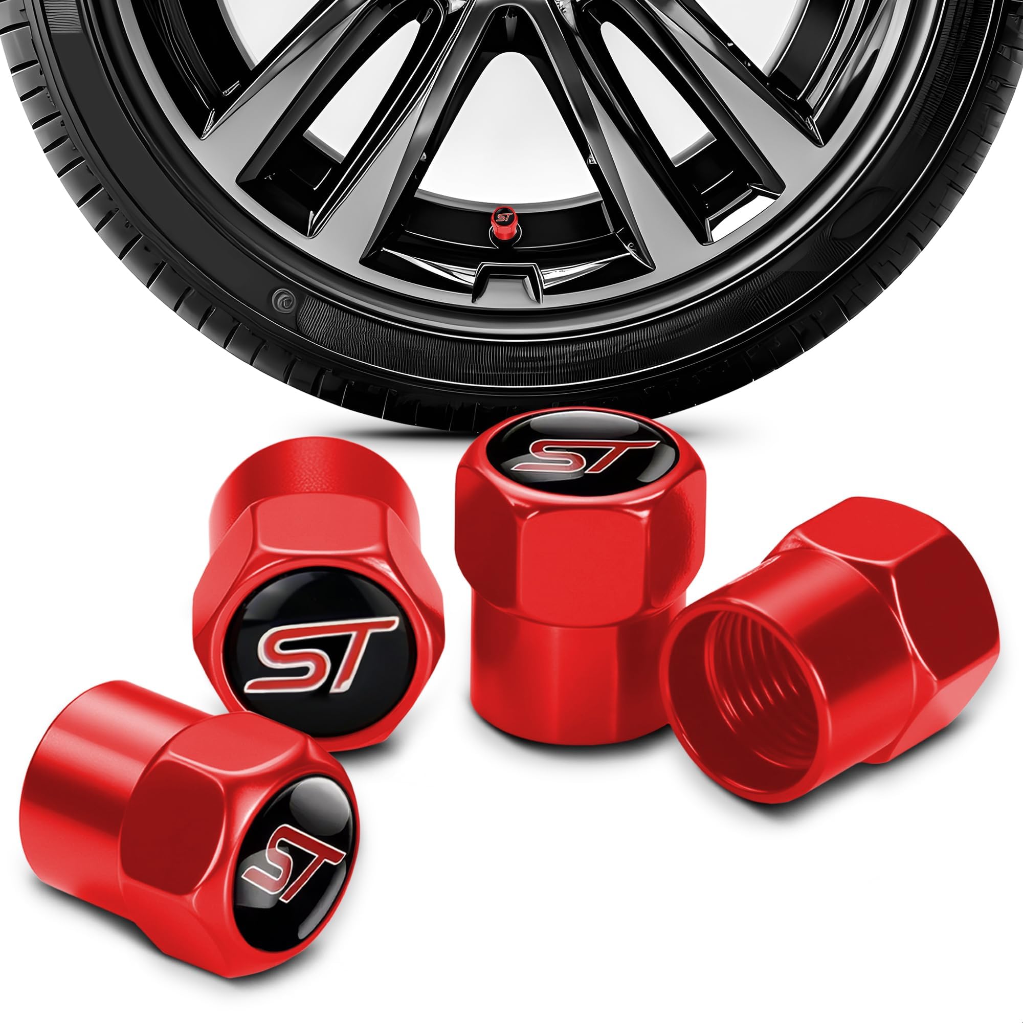 4Pcs St Logo Metal Tire Valve Stem Caps With Rubber O-Rings - Fits Ford St Models | Durable Metal Alloy, Corrosion-Resistant, Un
