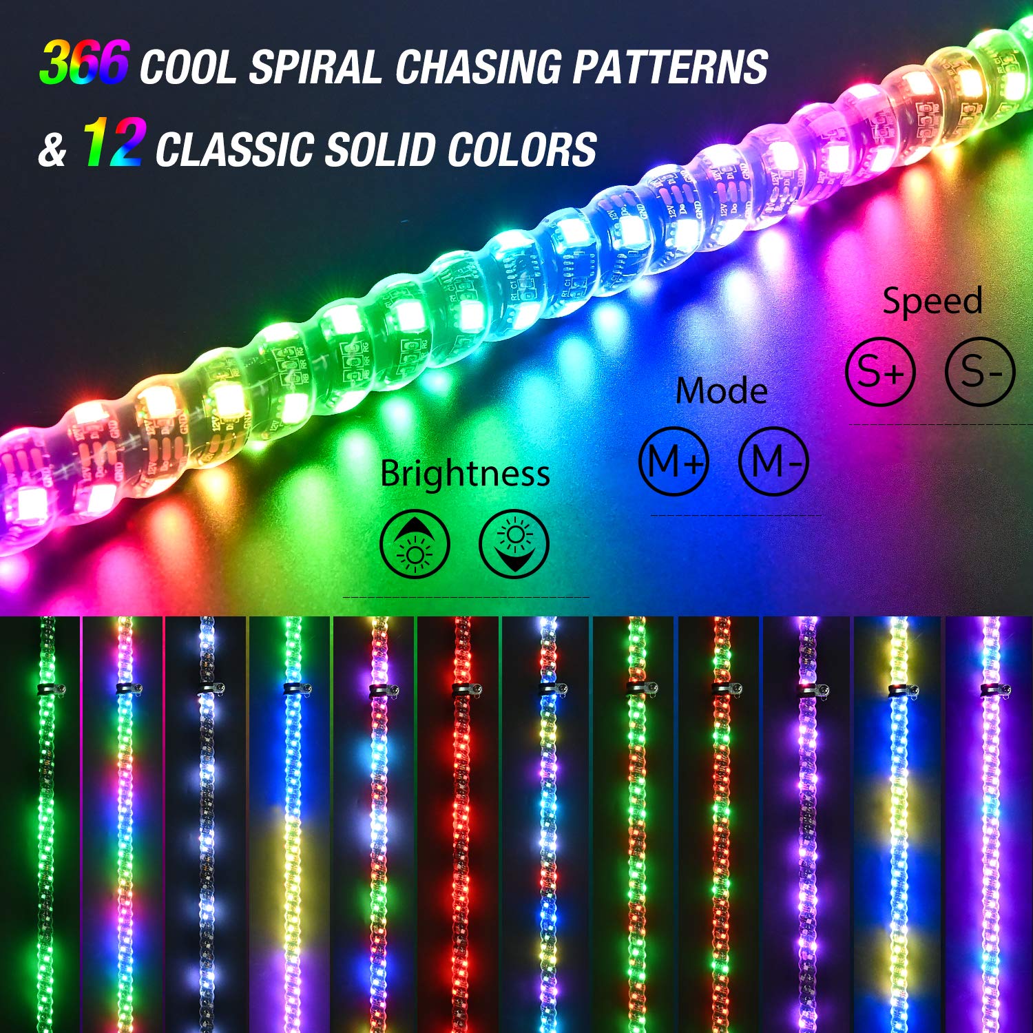 Nilight 2PCS 3FT Spiral RGB Led Whip Light with Spring Base Chasing Light RF Remote Control Lighted Antenna Whips for Can-Am ATV