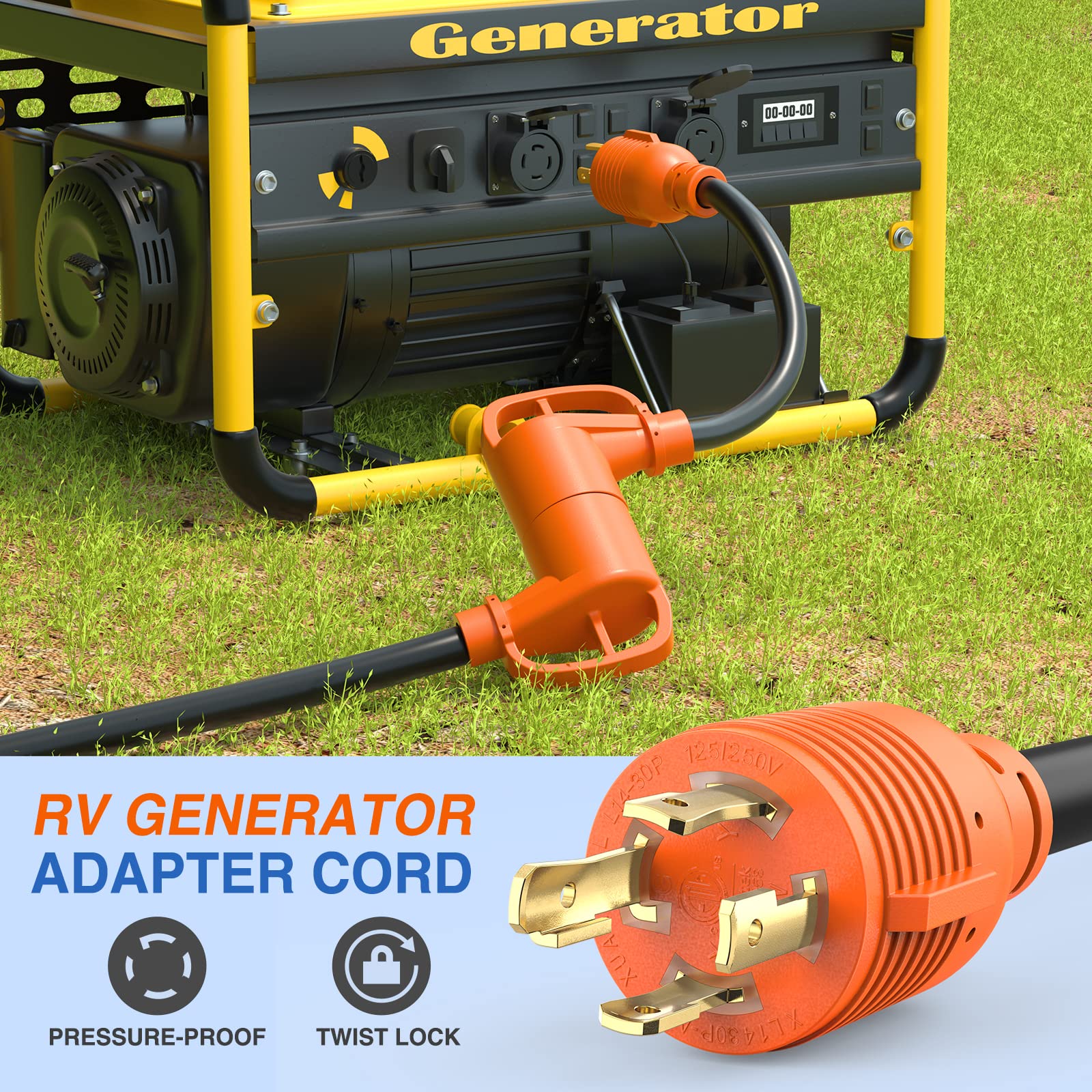 Nilight 30 Amp RV Generator Adapter Cord, 4 Prong Twist Lock Male Plug, 10 Gauge Wire, L14-30P to TT-30R, 30M Locking