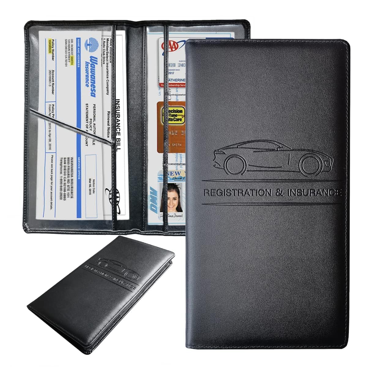 Car Document Holder Leather Organizer (Black) | Vehicle Registration, License, Insurance & Paper File Storage Folder with Multip