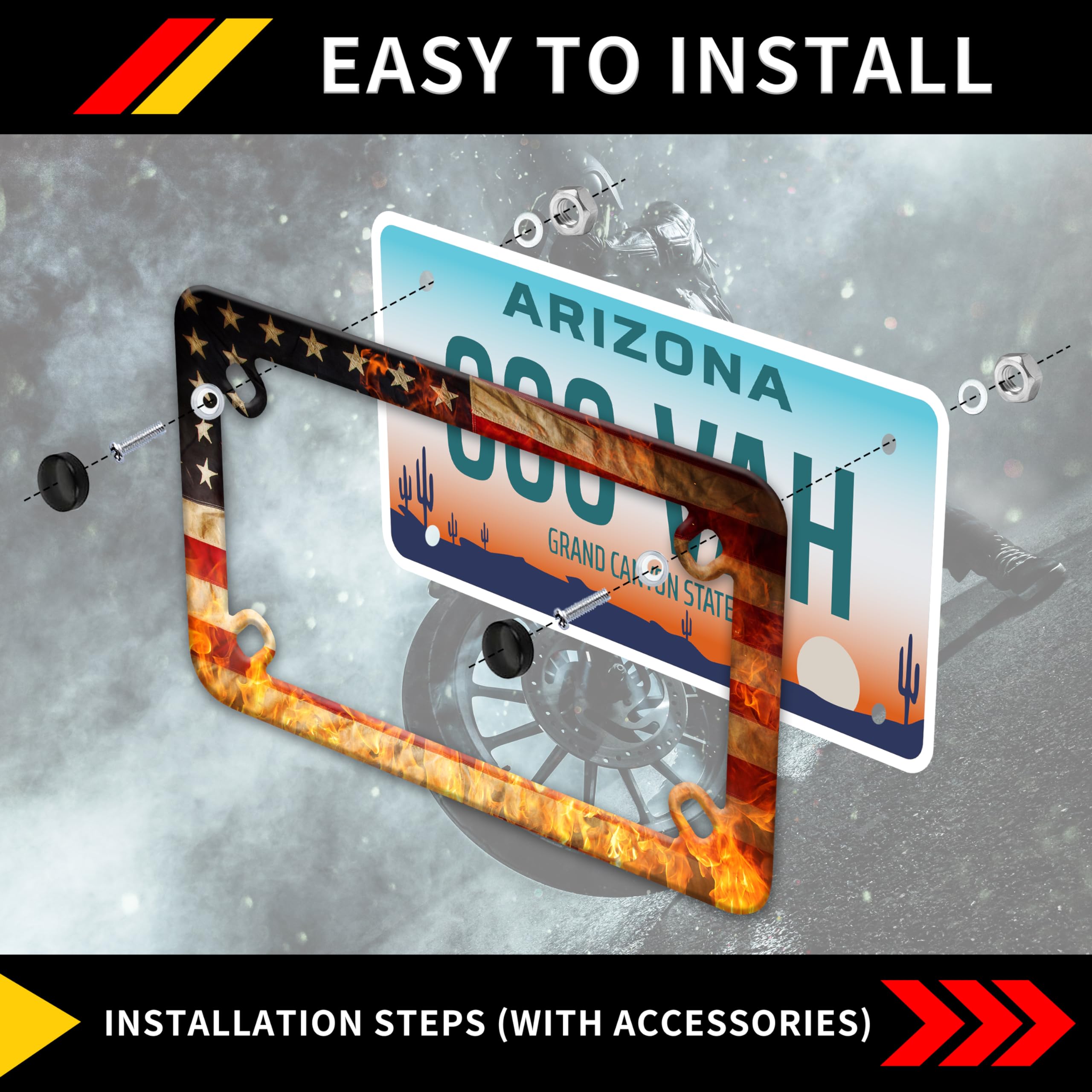 Motorcycle Retro American Flag Flame License Plate Frame Stainless Steel Material Funny Motorbike License Plate Holder Motorcycl