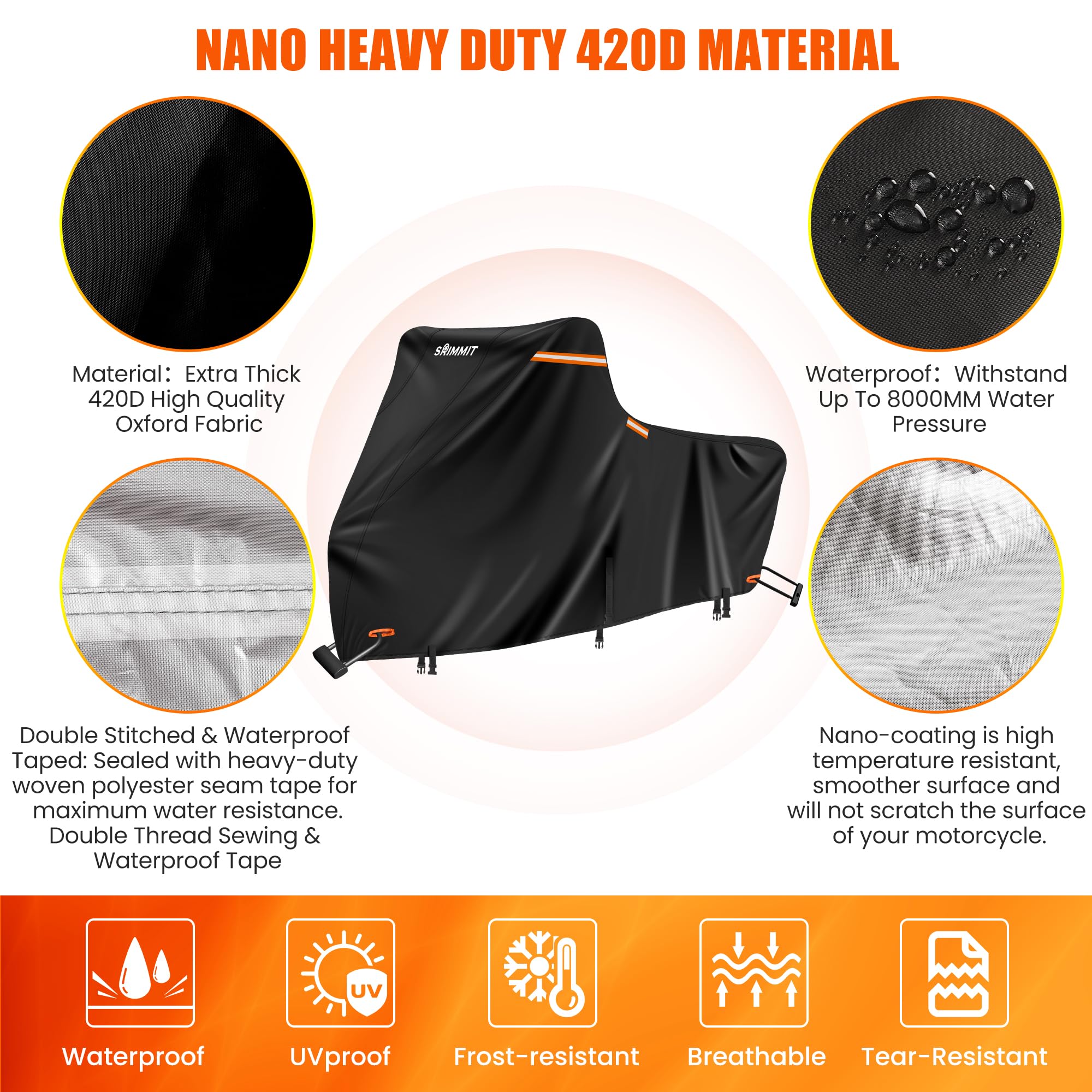 Harley Davidson Cover, Heavy Duty Cover For Motorcycle With Nano Material,Srimmit 420D Harley Cover Waterproof Outdoor Storage,Funda Para Moto With Lock Holes,Air Vents,5 Reflective Strips(3Xl)