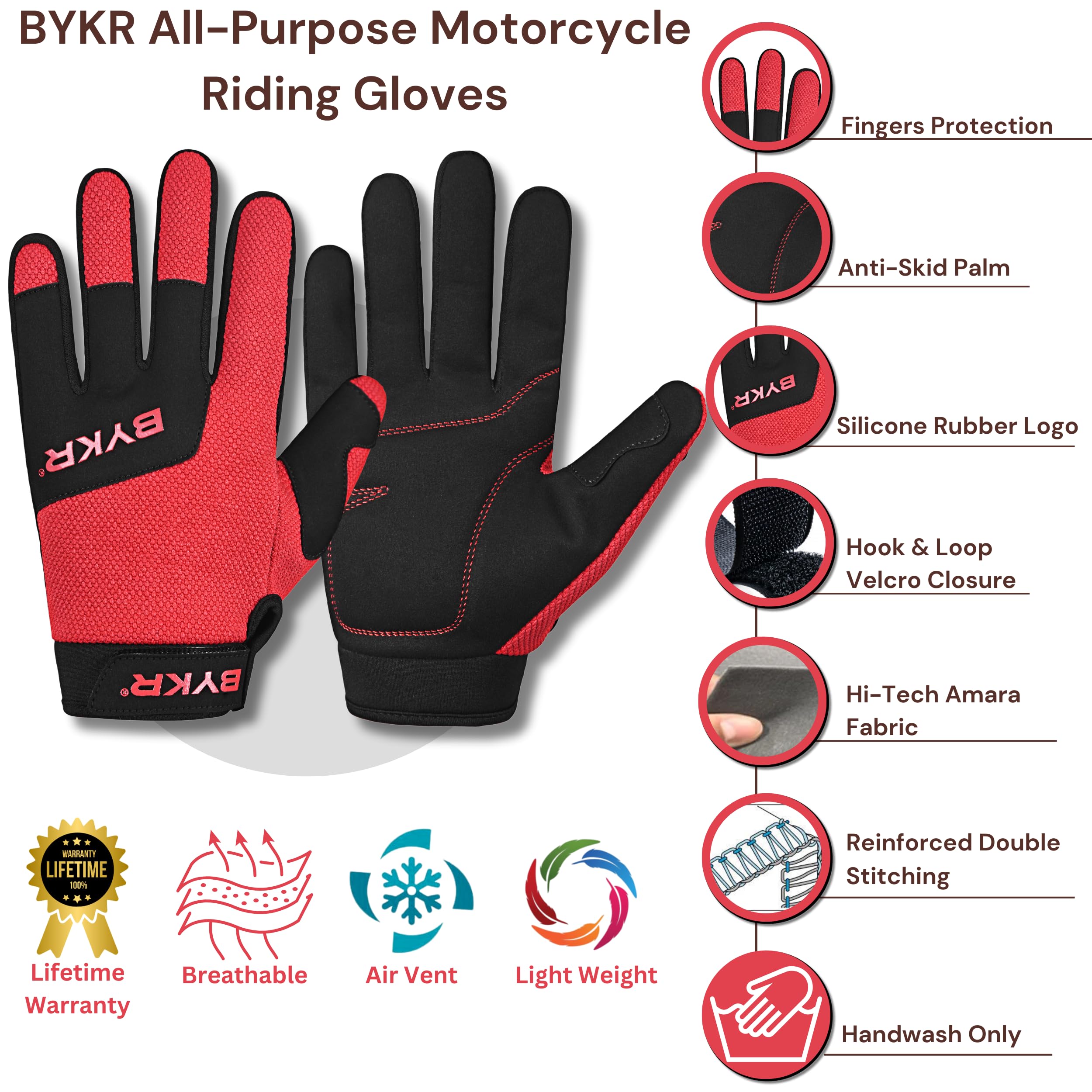Bykr All-Weather Motorcycle Gloves For Men & Women - Protection For Dirt Bike, Bmx, Mx, And Atv Riding - Red Xl