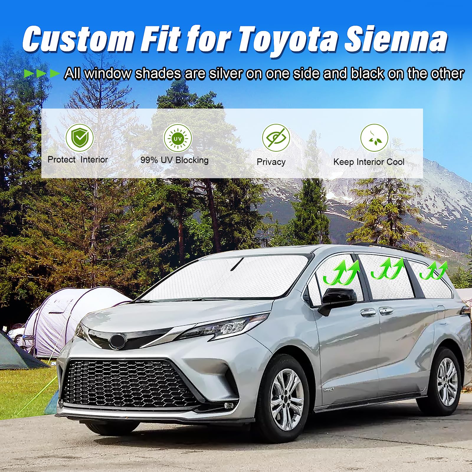 KMF 8pcs Sun Shade for Toyota Sienna 2021-2025, Black Reflective Fabric, UV Block, Privacy Window Covers