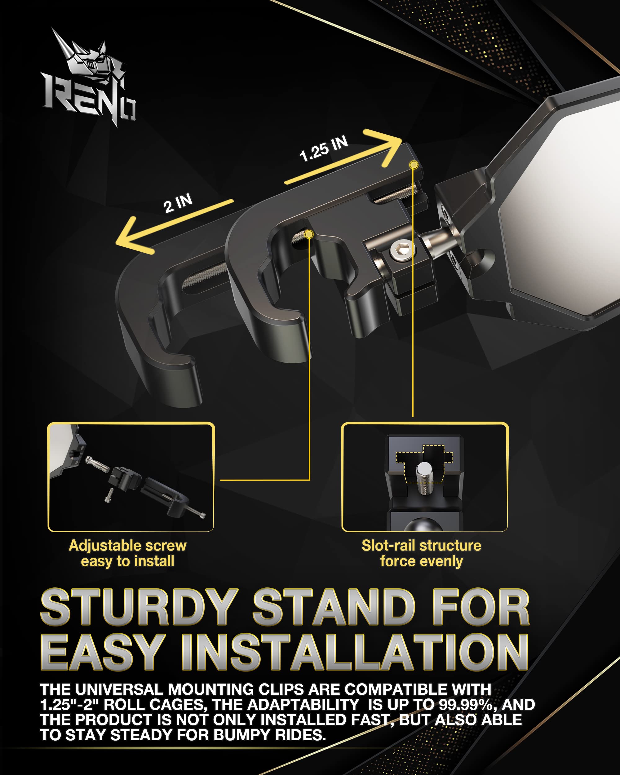 RENO UTV Side Mirrors, Fits 1.25''-2'' Roll Bar Cage CNC Aluminum Rear View Mirror Heavy-Duty Adjustable Bracket Compatible with
