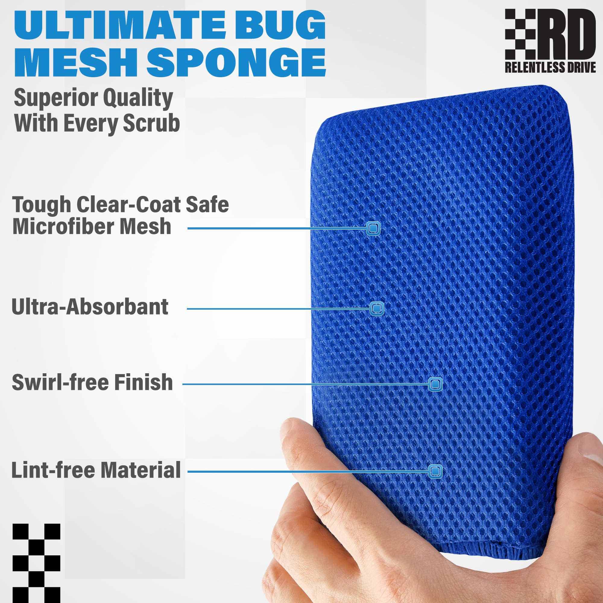 Relentless Drive Microfiber Bug Sponge (6 Pack) - Large Car Sponge For Car Washing, Ultra Soft Mesh Sponges, Scratch-Free For Ca