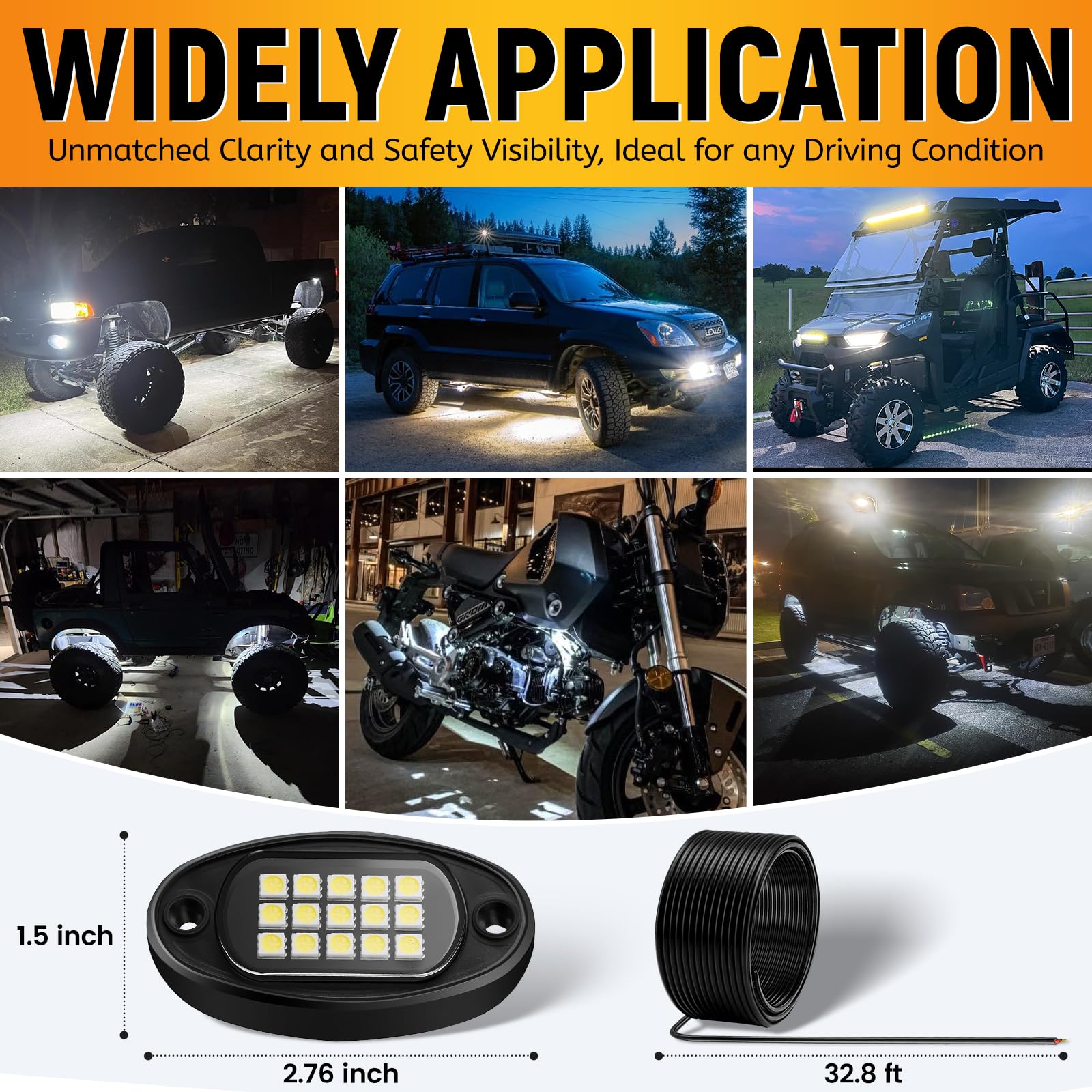 YONEDA 12 Pods White Rock Lights 6000K LED Underglow for Trucks, SUVs, Boats, IP68 Waterproof, Model YD8801SL-12P