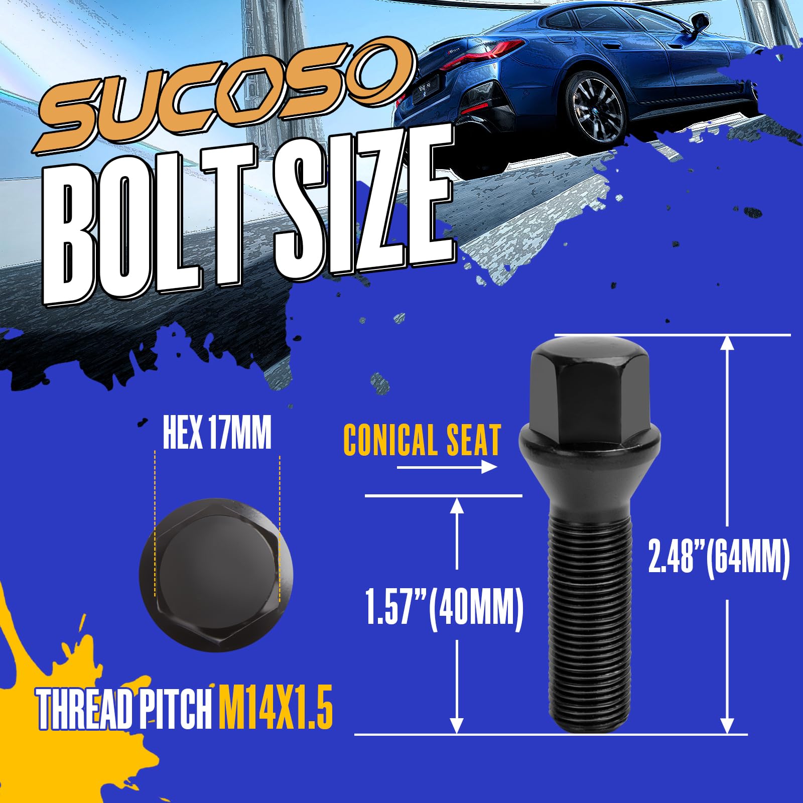 SUCOSO M14x1.5 Extended Lug Bolts, 20PCS Conical Seat, Alloy Steel, Black, 40mm Shank Length, Compatible with BMW and Mercedes-Benz