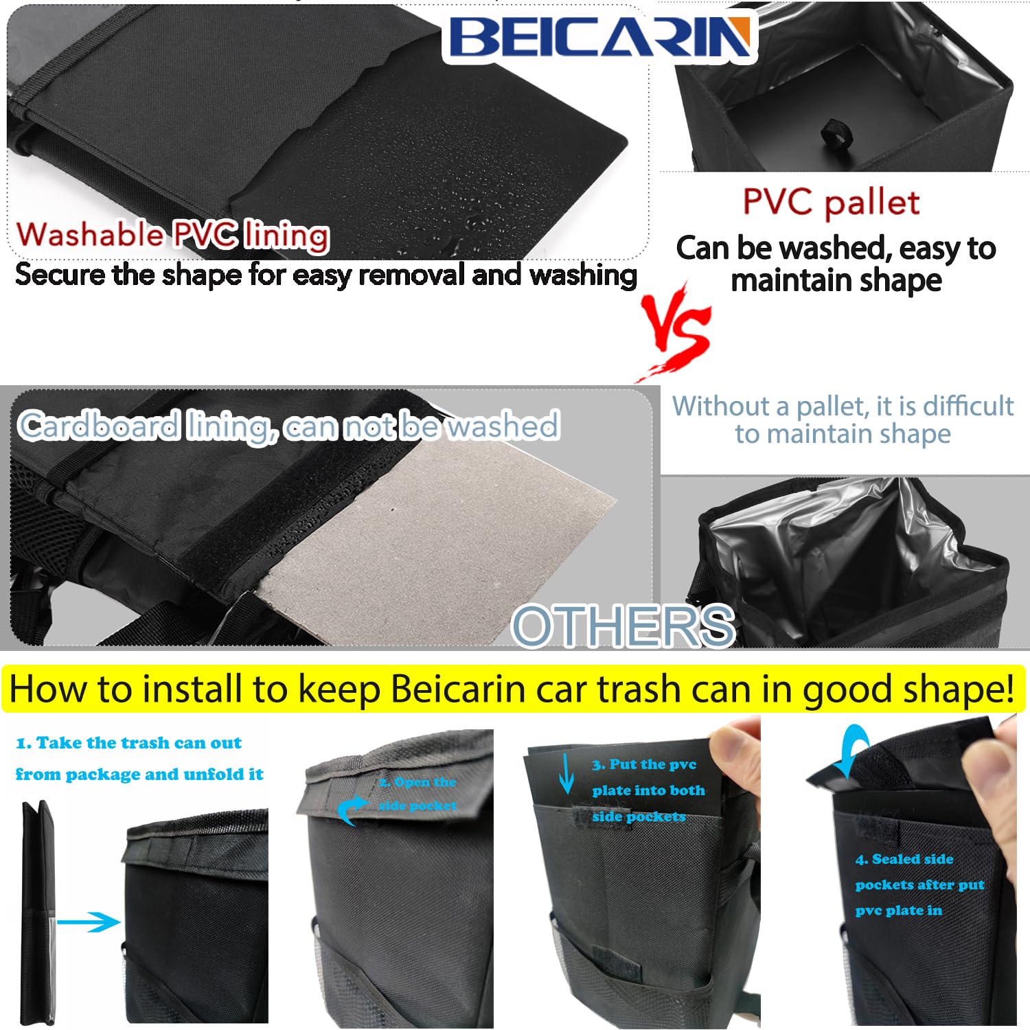 Beicarin Car Trash Can with Lid, 1.82 Gal Portable Garbage Bin, Leak-Proof, Black, Collapsible with Storage Pockets