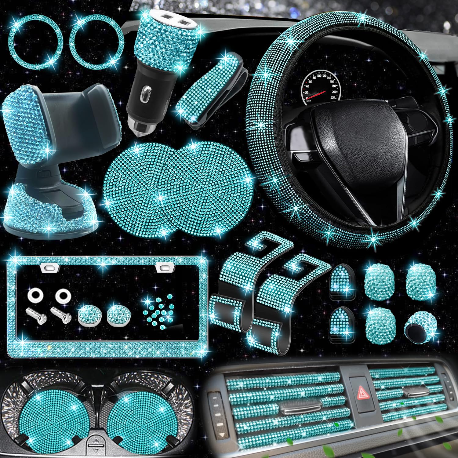 Nbtepem 27 Pcs Aquamrine Bling Car Accessories Set For Women, Bling Steering Wheel Covers Universal Fit 15 Inch, Bling License P